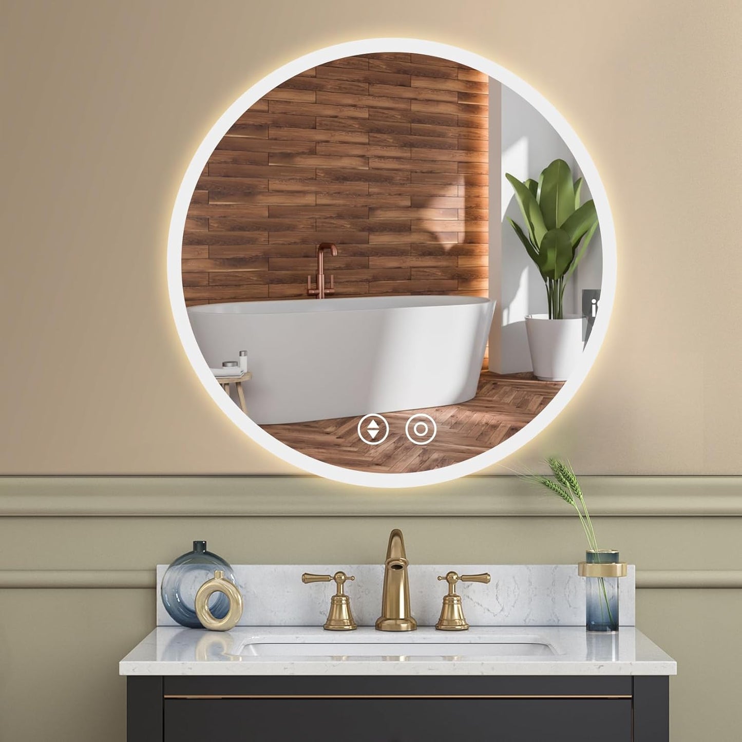 Runder LED-Badspiegel mit Touch & Dimmfunktion, 50 x 50 cm Beschlagfrei+ 3 Lichtfarbe+ Dimmbar
