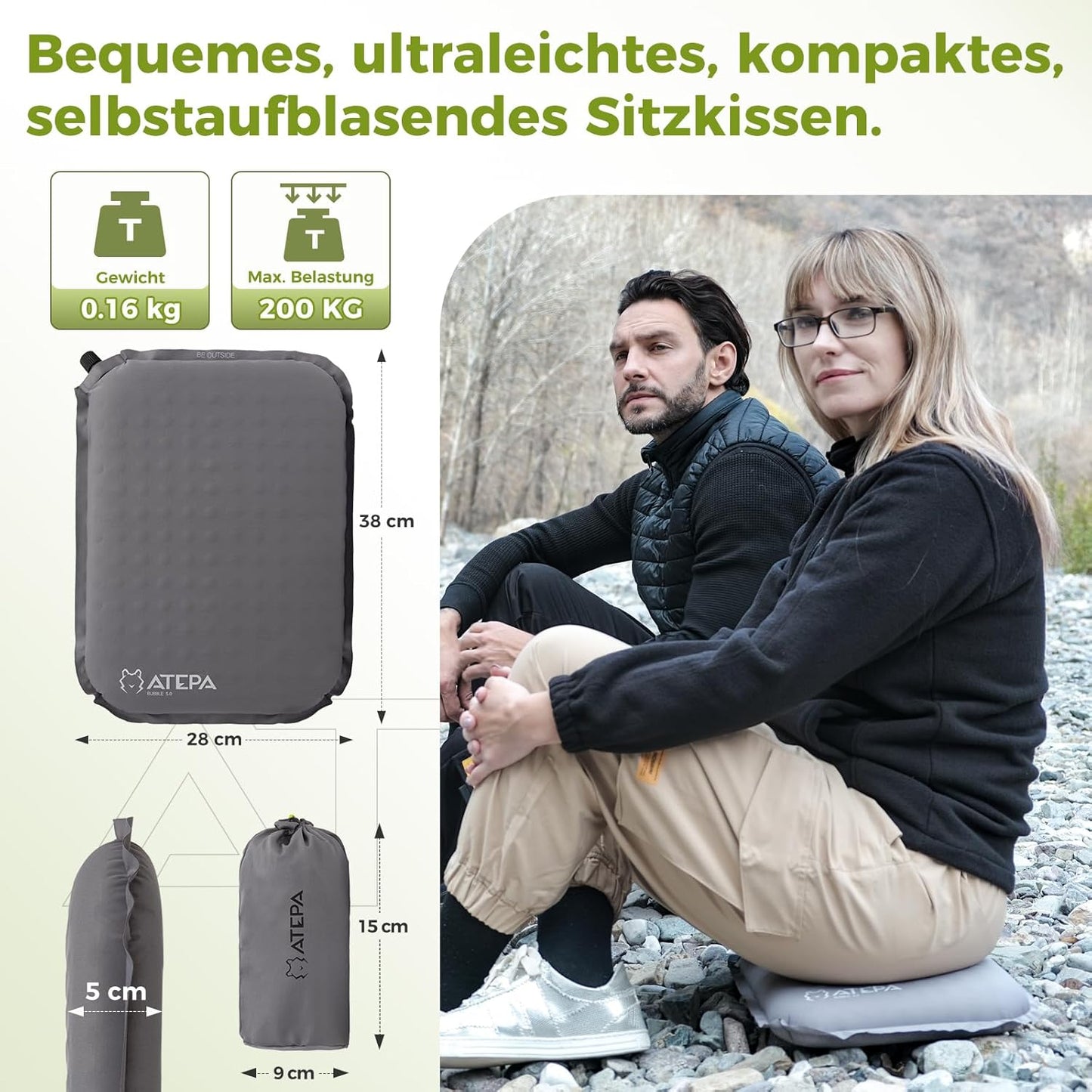 Selbstaufblasendes Sitzkissen-Set, Grau 2er Pack 38 x 28 x 5 cm