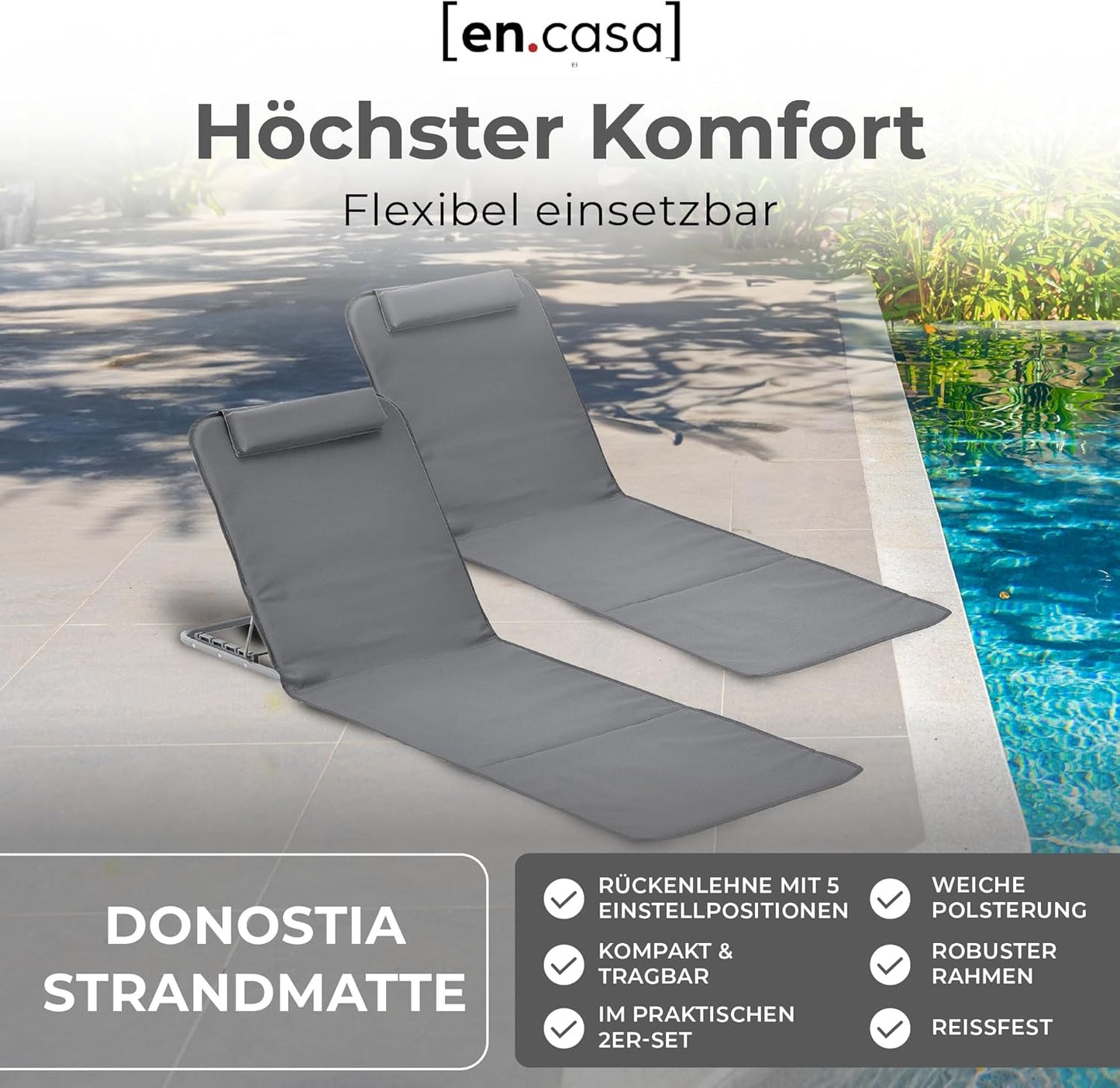 Strandmatten 2er-Set mit verstellbarer Rückenlehne, Dunkelgrau