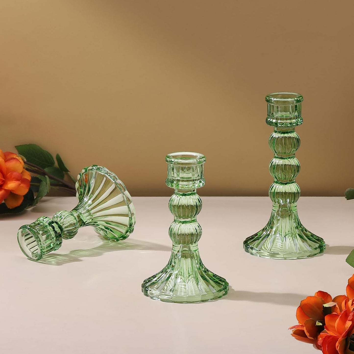 3er-Set Glas-Kerzenhalter für Esstisch, Grün