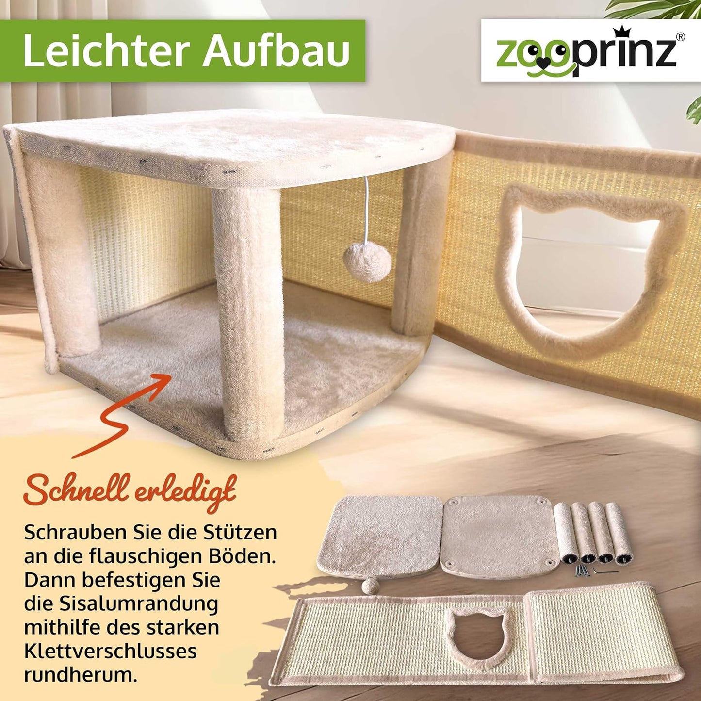 Katzenhaus mit Sisalwänden und Plüsch, Beige