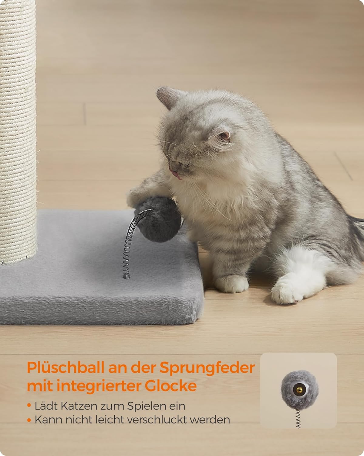 Kratzsäule mit Plüschball und Glocke, XL (13 cm Dia.) taubengrau