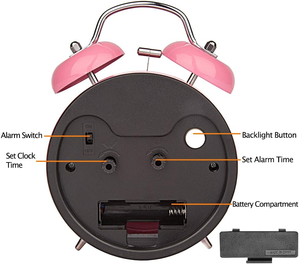 Doppelglockenwecker mit Nachtlicht, geräuschlos, Rosa