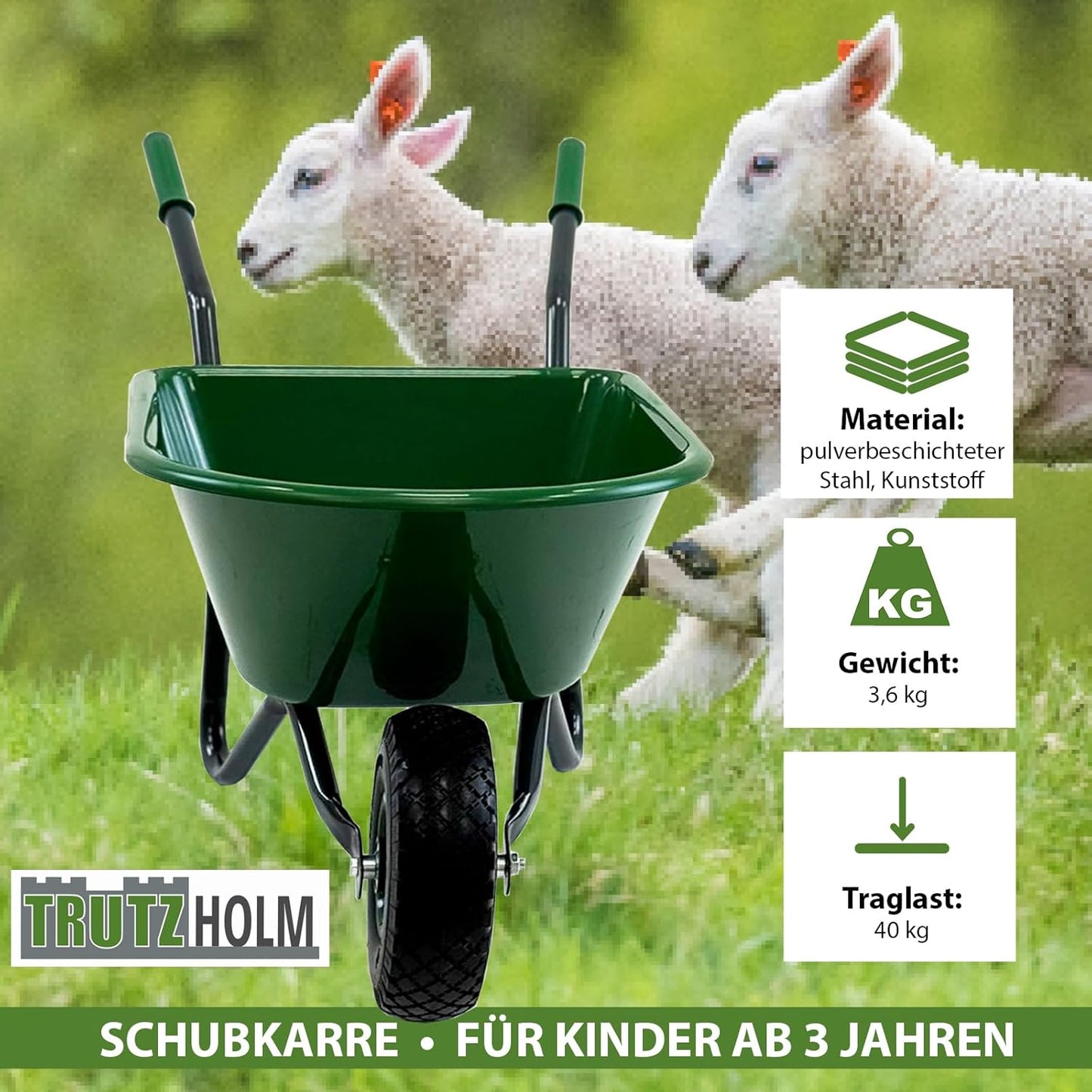 Kinderschubkarre mit Vollgummirad, Uni | Grün