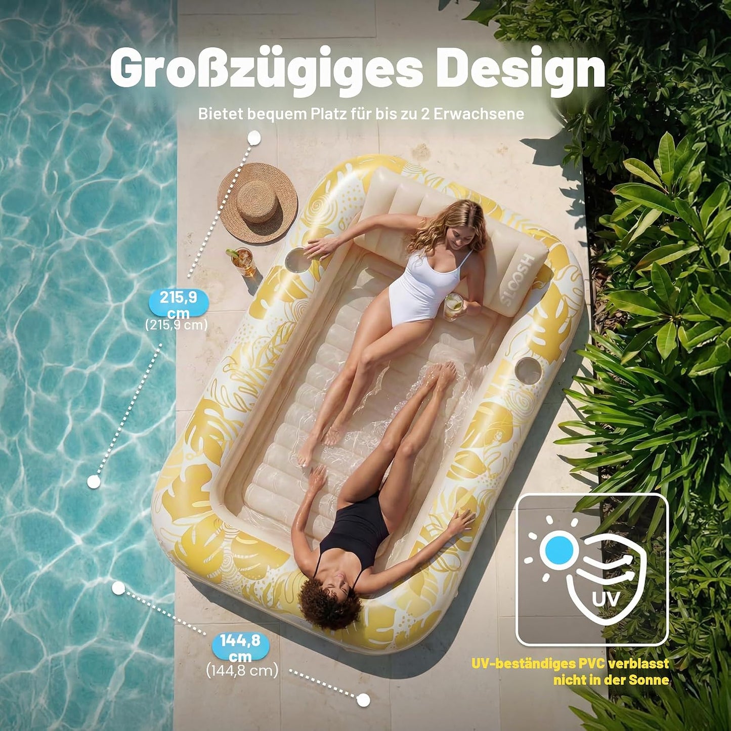 Aufblasbarer 4-in-1 Sonnenliegepool mit Kissen und Getränkehalter, Gold Weiss XL