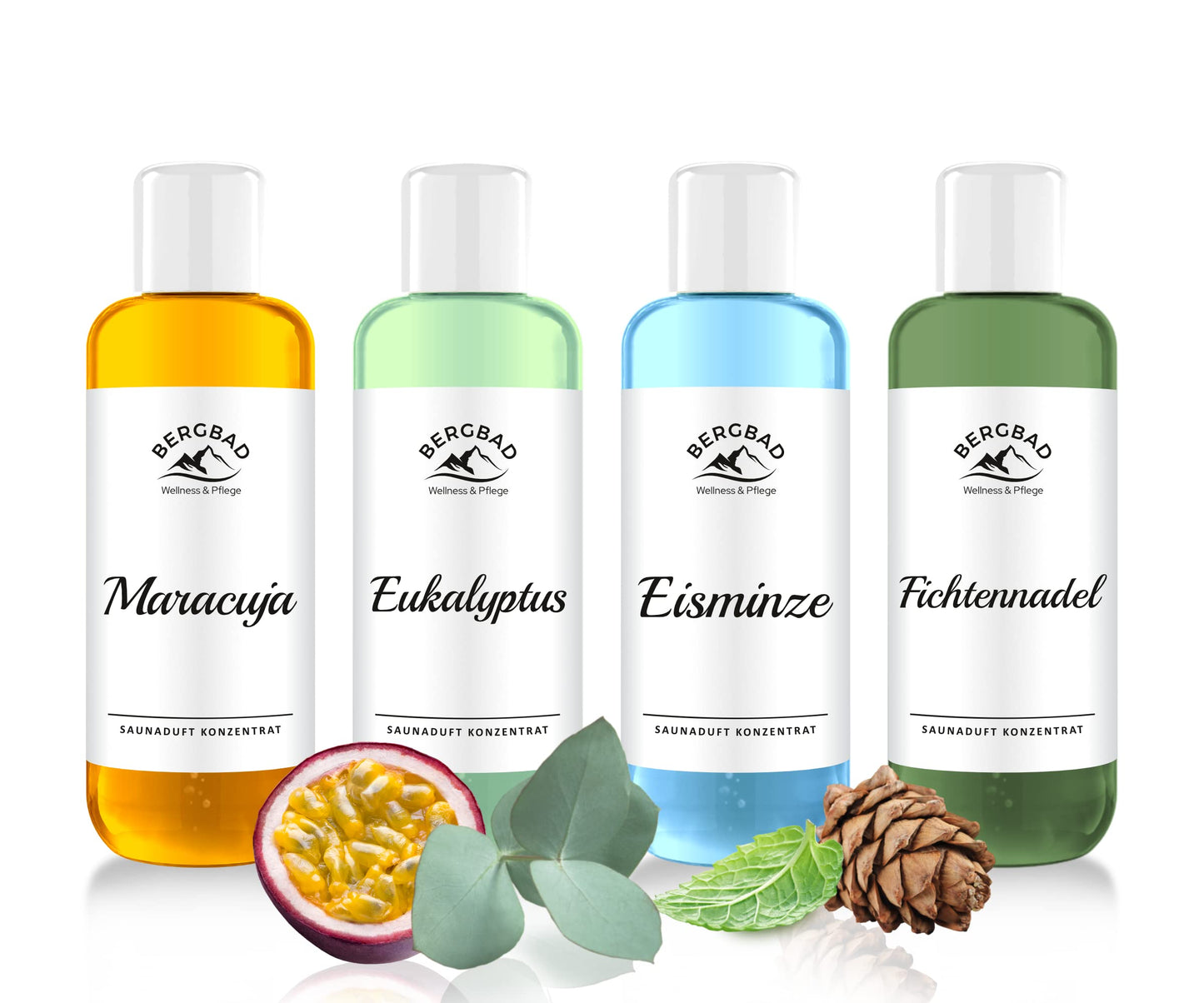 Saunaaufguss Set, Eisminze, Eukalyptus, Fichtennadel, Maracuja