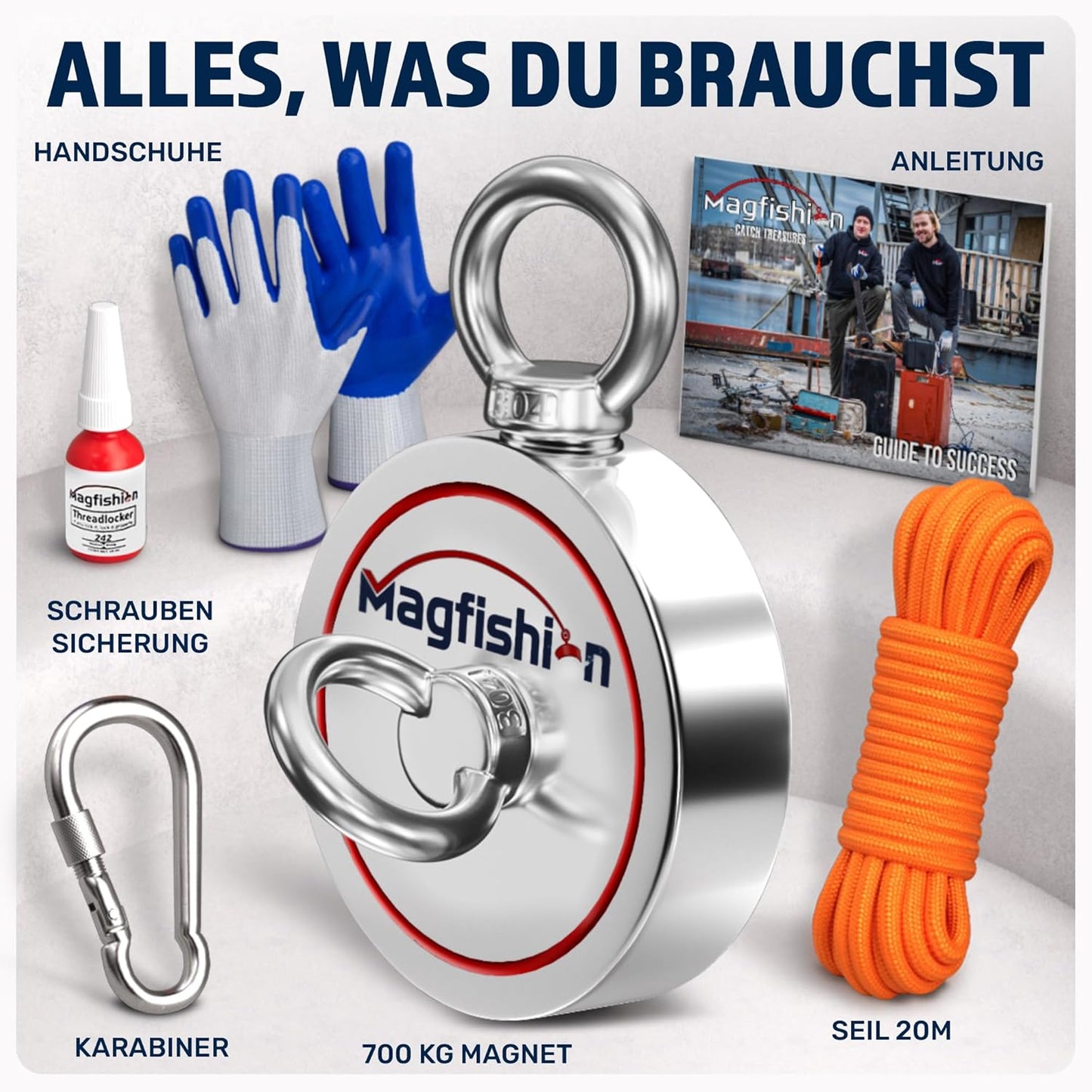 Magnetfischen Set - Neodym Magnet 700 KG mit Seil & Handschuhe, Ø 94 mm
