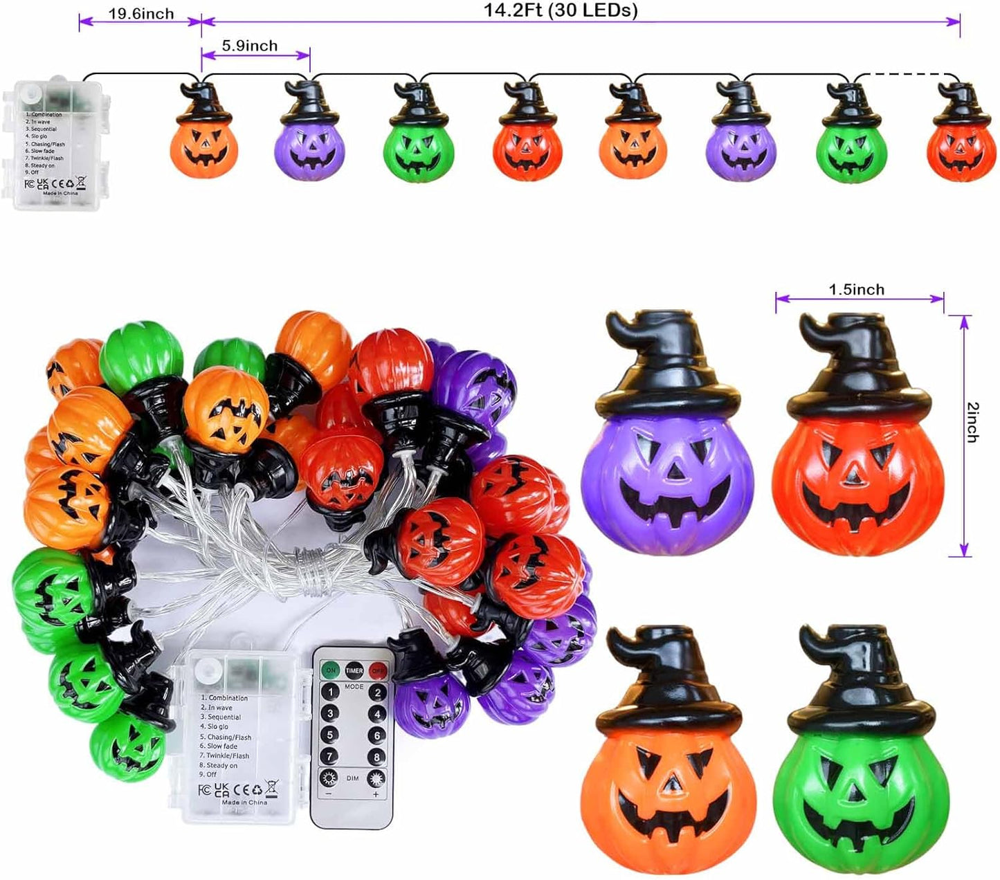 Halloween Kürbis Lichterkette, 20 LED, 3 Meter, batteriebetrieben
