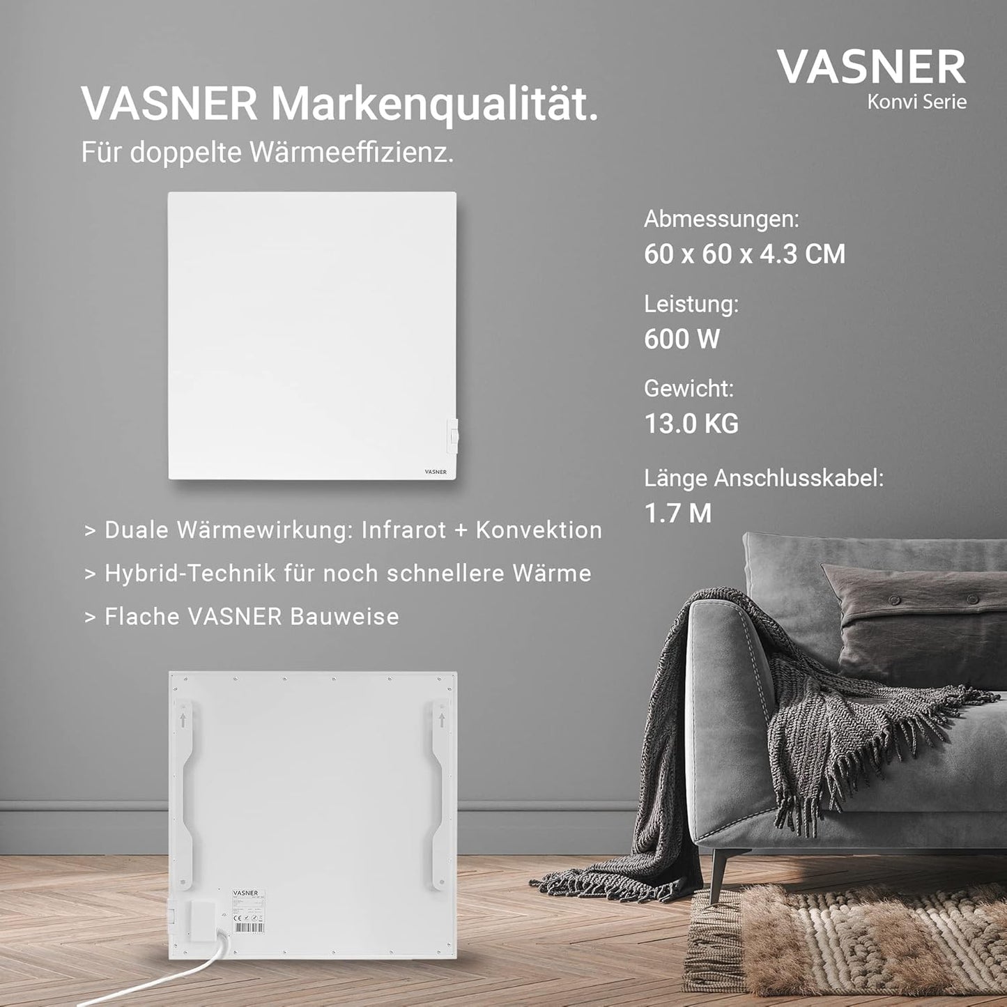 Konvi Hybridheizung mit Thermostat, 600 Watt