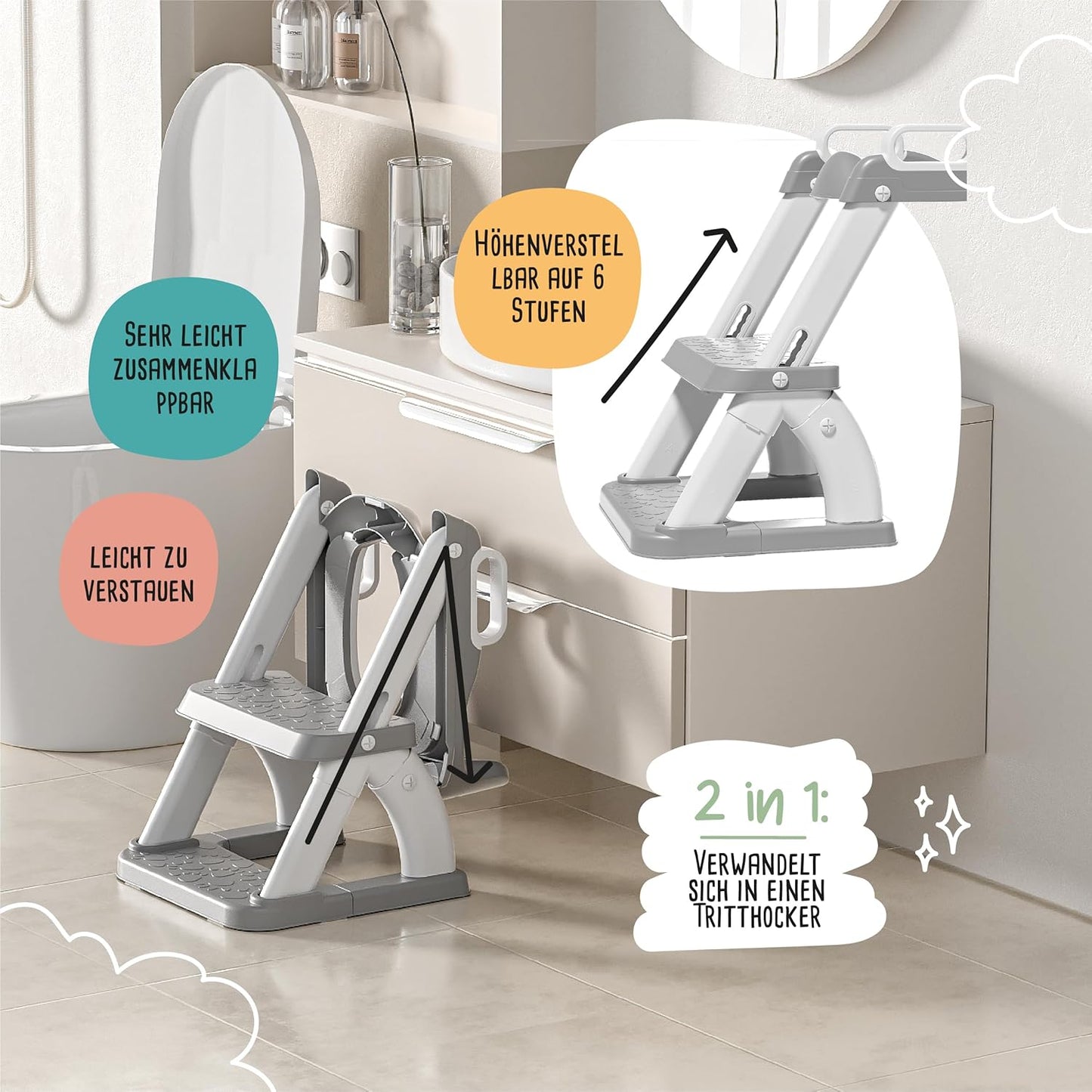 Kinder Toilettensitz mit Treppe & Rückenlehne, Grau