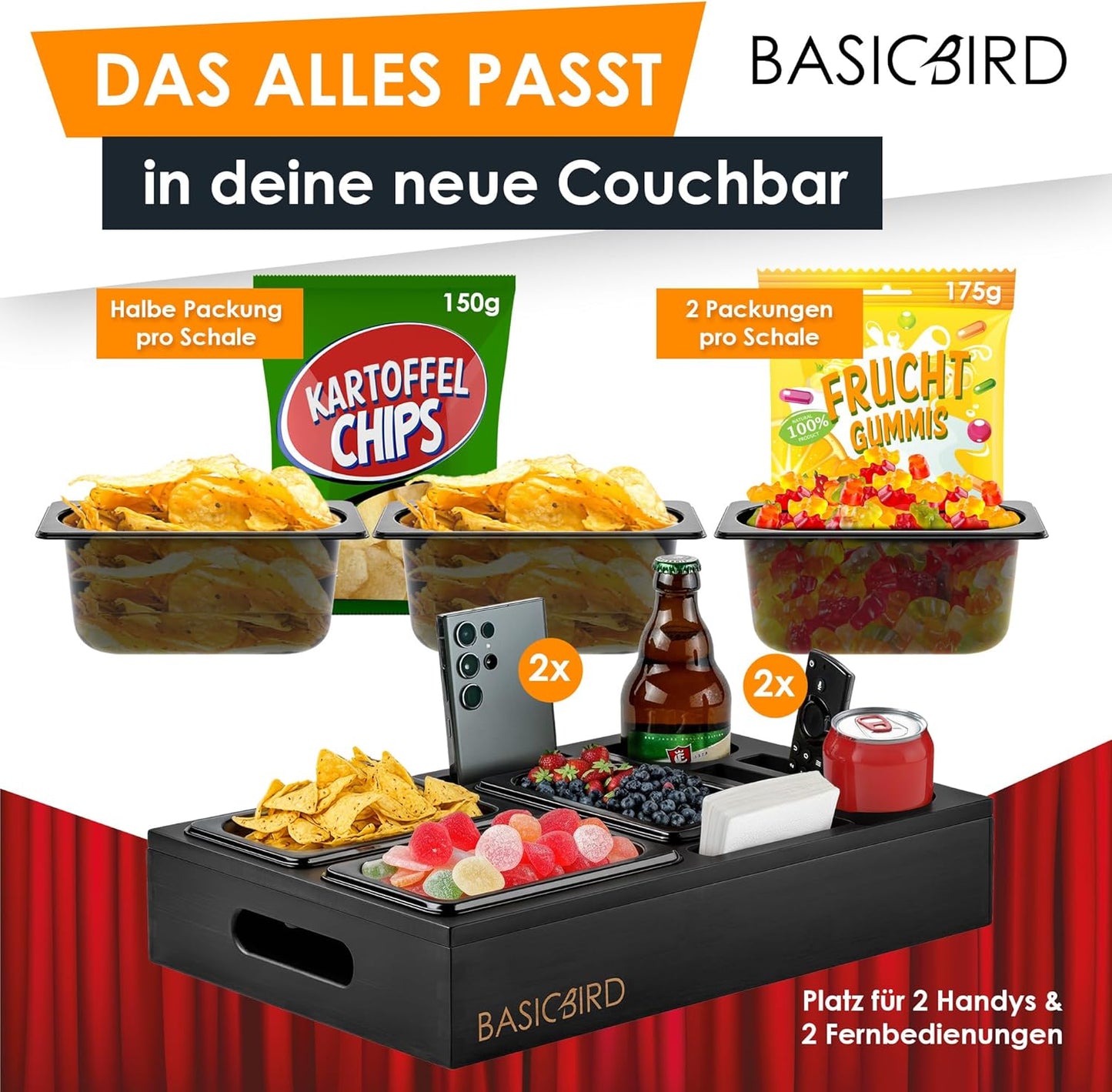 Couchbar Snackbox mit Tablett und Snackschalen (Black Edition), Black Edition
