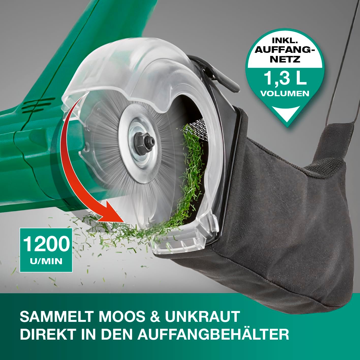 Elektrische Reinigungsbürste mit Fugenbürste & Auffangnetz, 1200 Umdrehungen - inkl. 1,3 Liter Auffangnetz