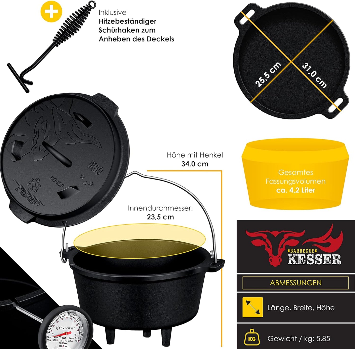 Dutch Oven Set BBQ, DO45P - 4.2 Liter Topf mit Füsse