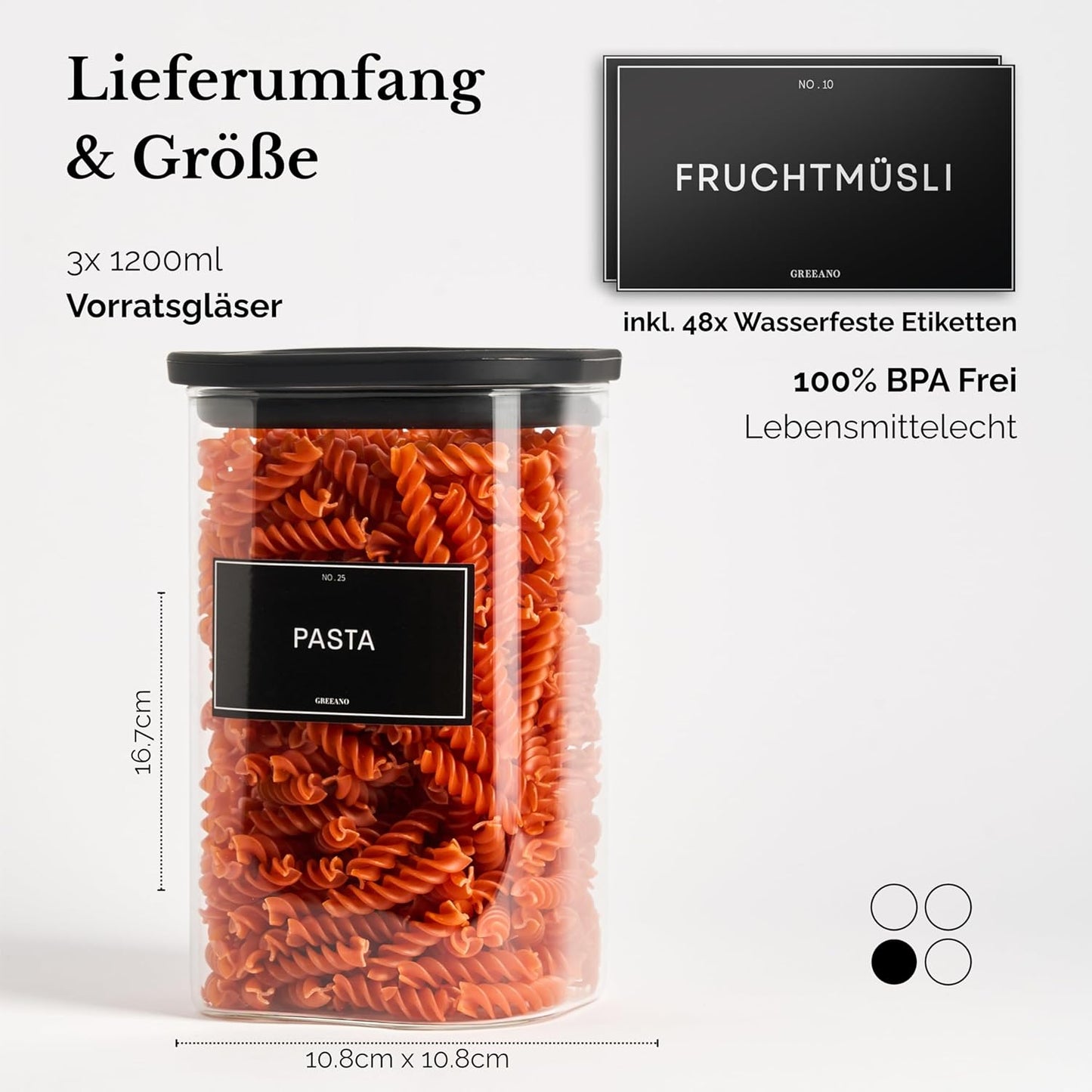 Vorratsgläser eckig (3er Set, 1200ml) luftdicht, 3x 1200ml