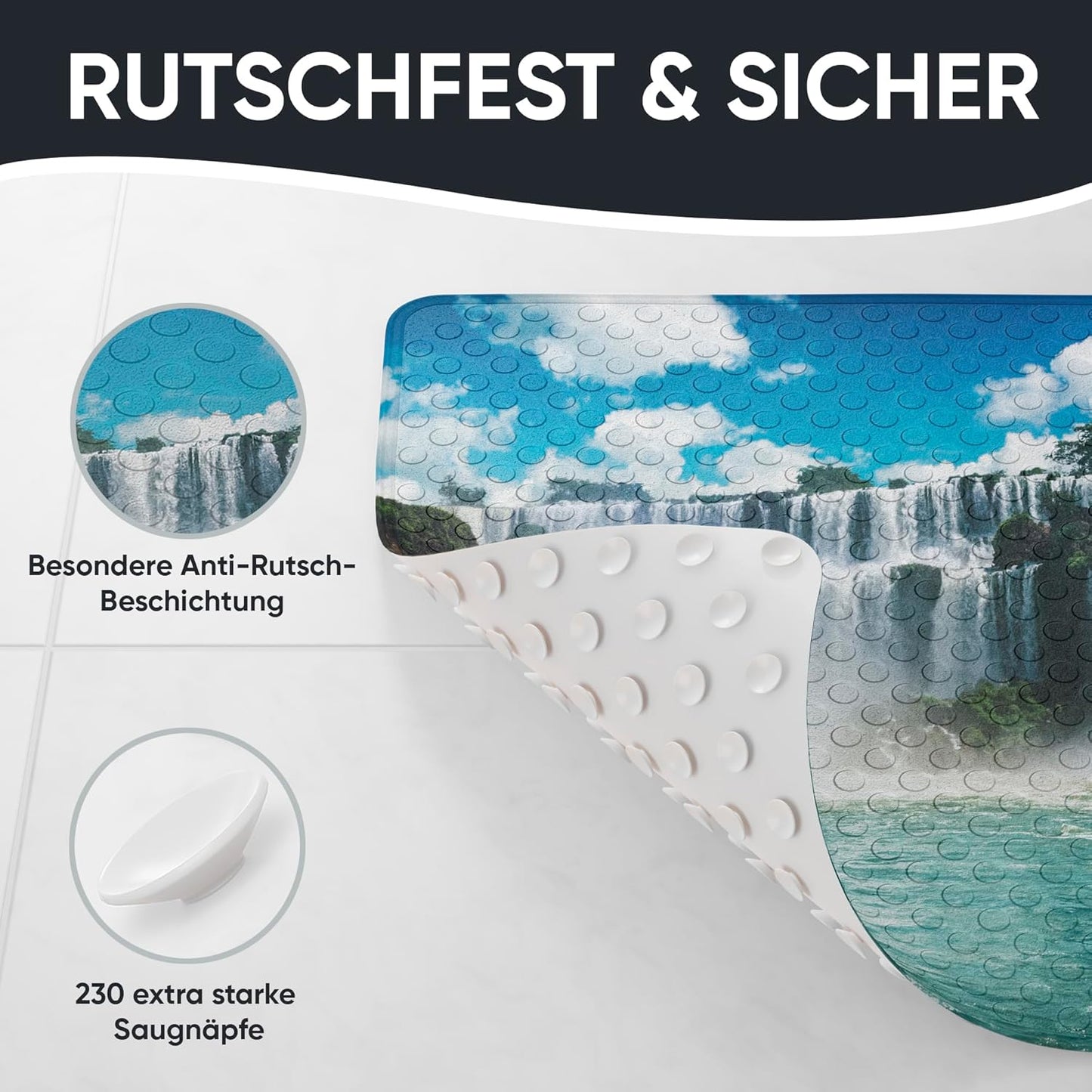 Rutschfeste Badematte 53x53 cm, maschinenwaschbar, Wasserfall