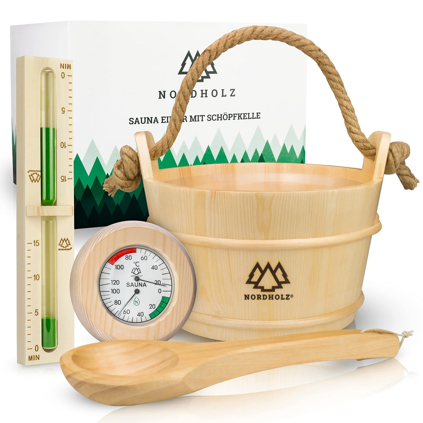Sauna-Eimer Set, Holz Hygrometer