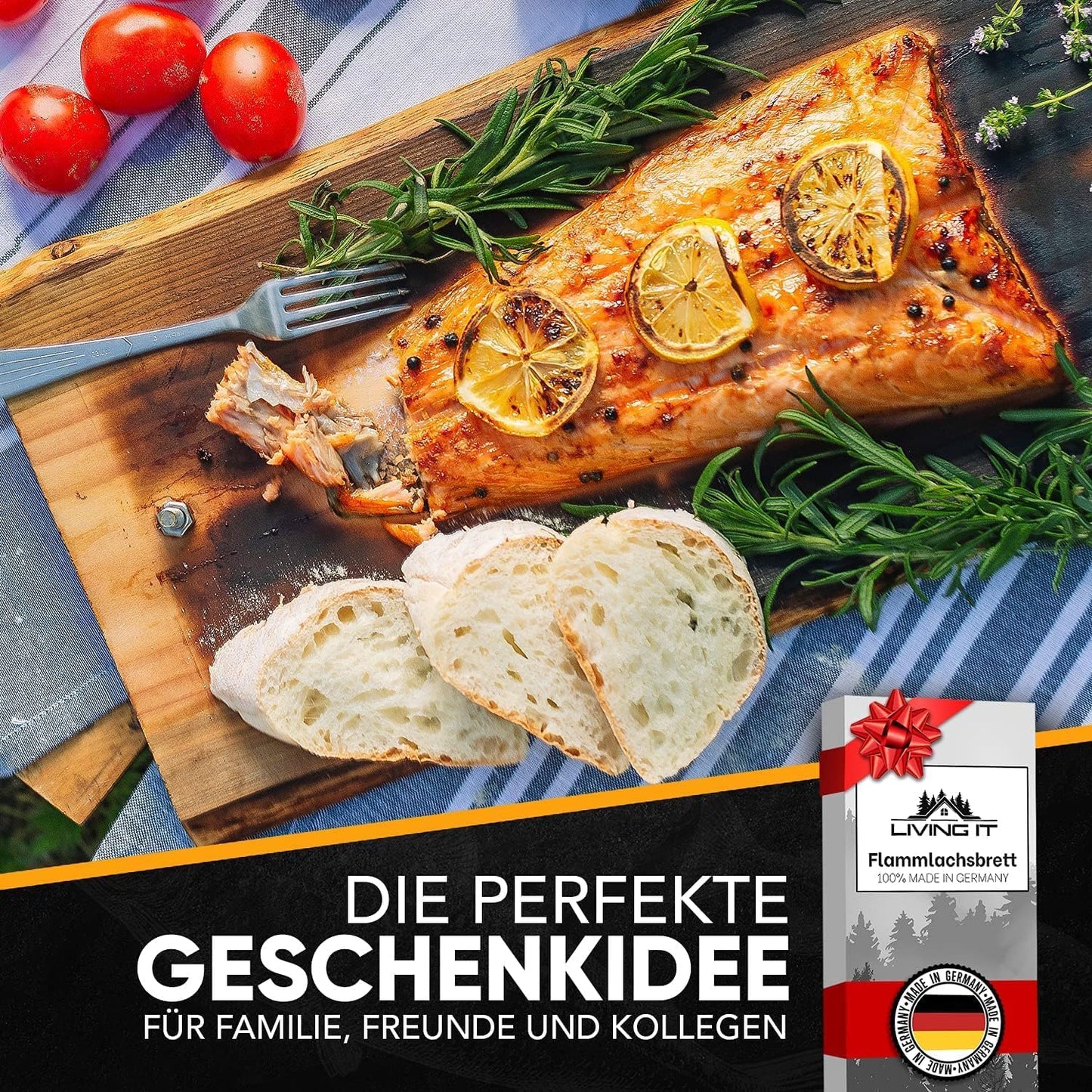 Flammlachsbrett mit Edelstahl-Halterung