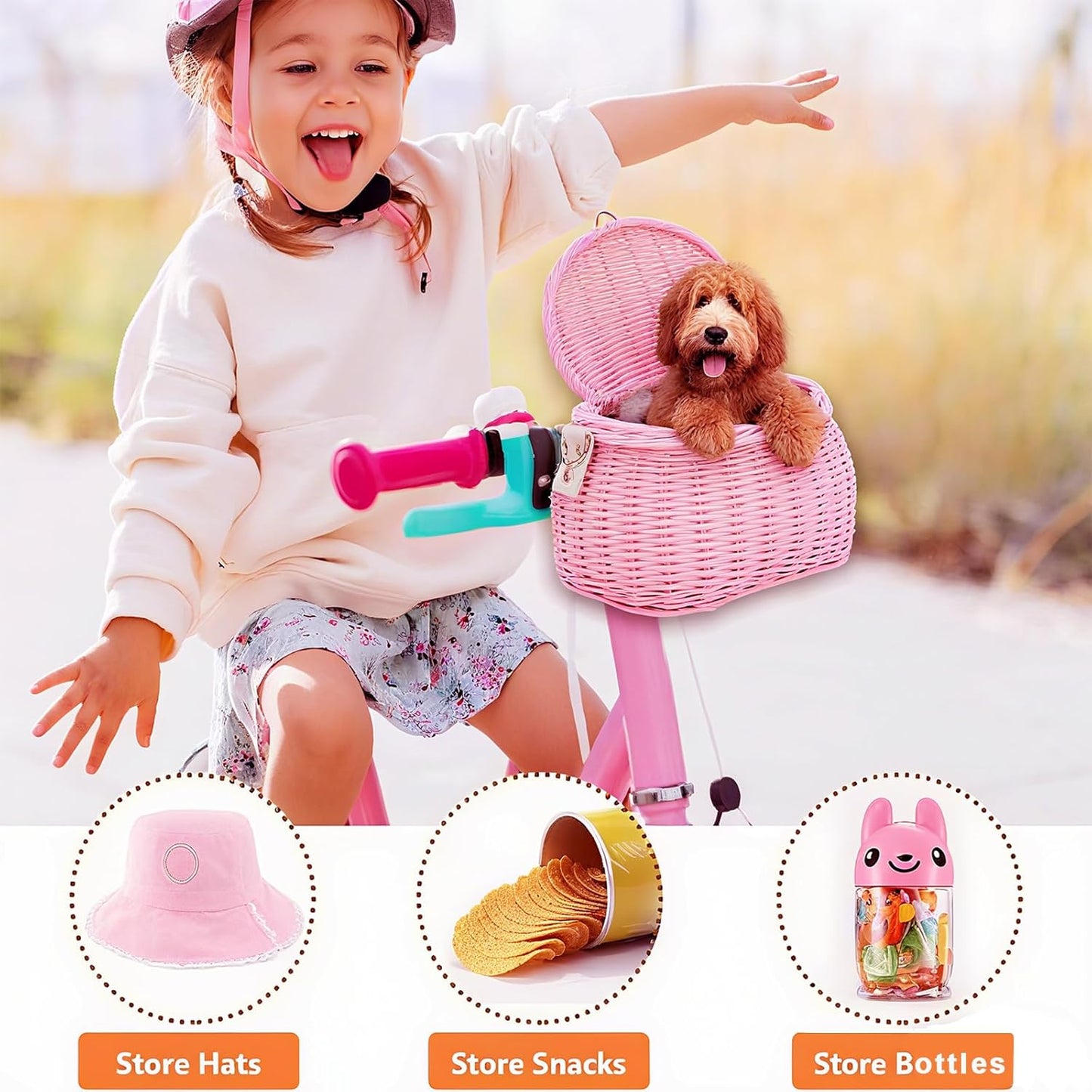 Abnehmbarer Kinderfahrradkorb, Rattan-Design, Rosa