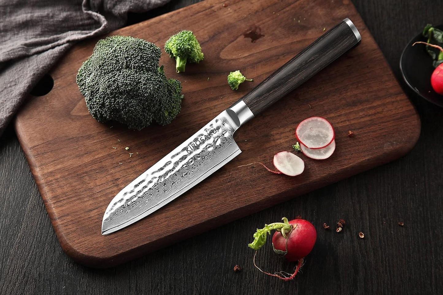 Damast-Santokumesser mit Pakkaholzgriff, Ii. Dunkelbraun 13 cm
