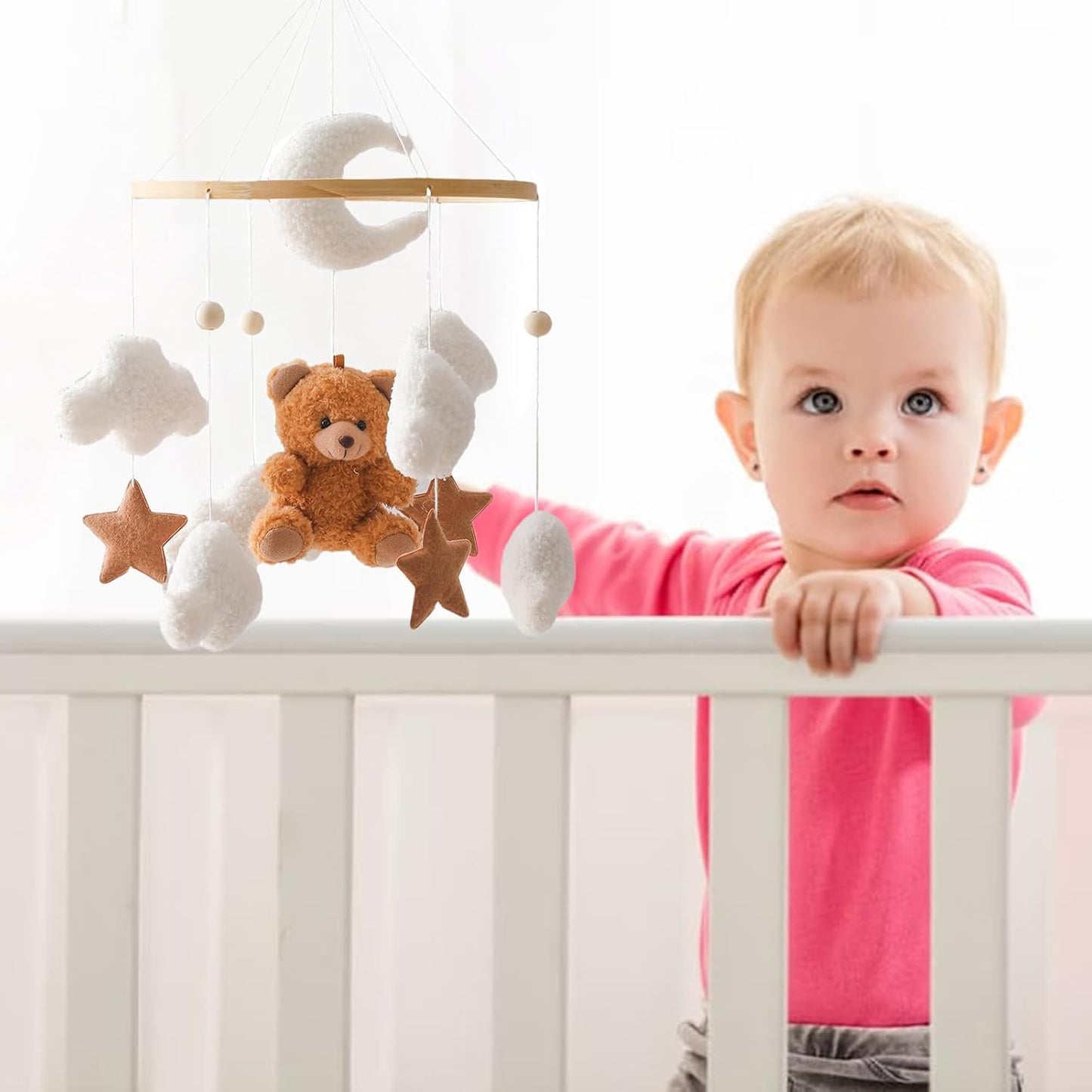 Babybett Mobile mit 3D Bär und Wolken, Braun Bär