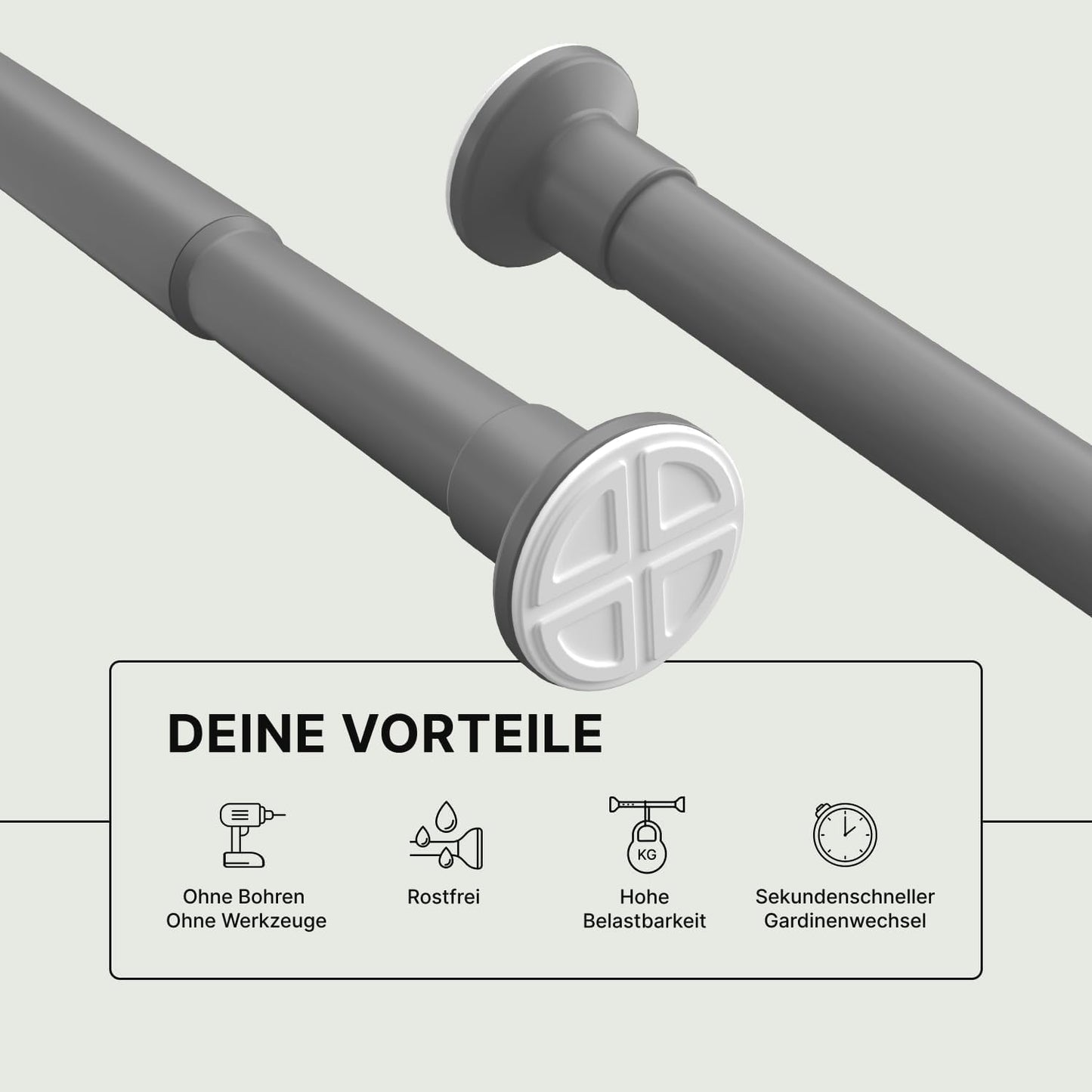 Vorhangstange ohne Bohren, 50-80 cm Grau