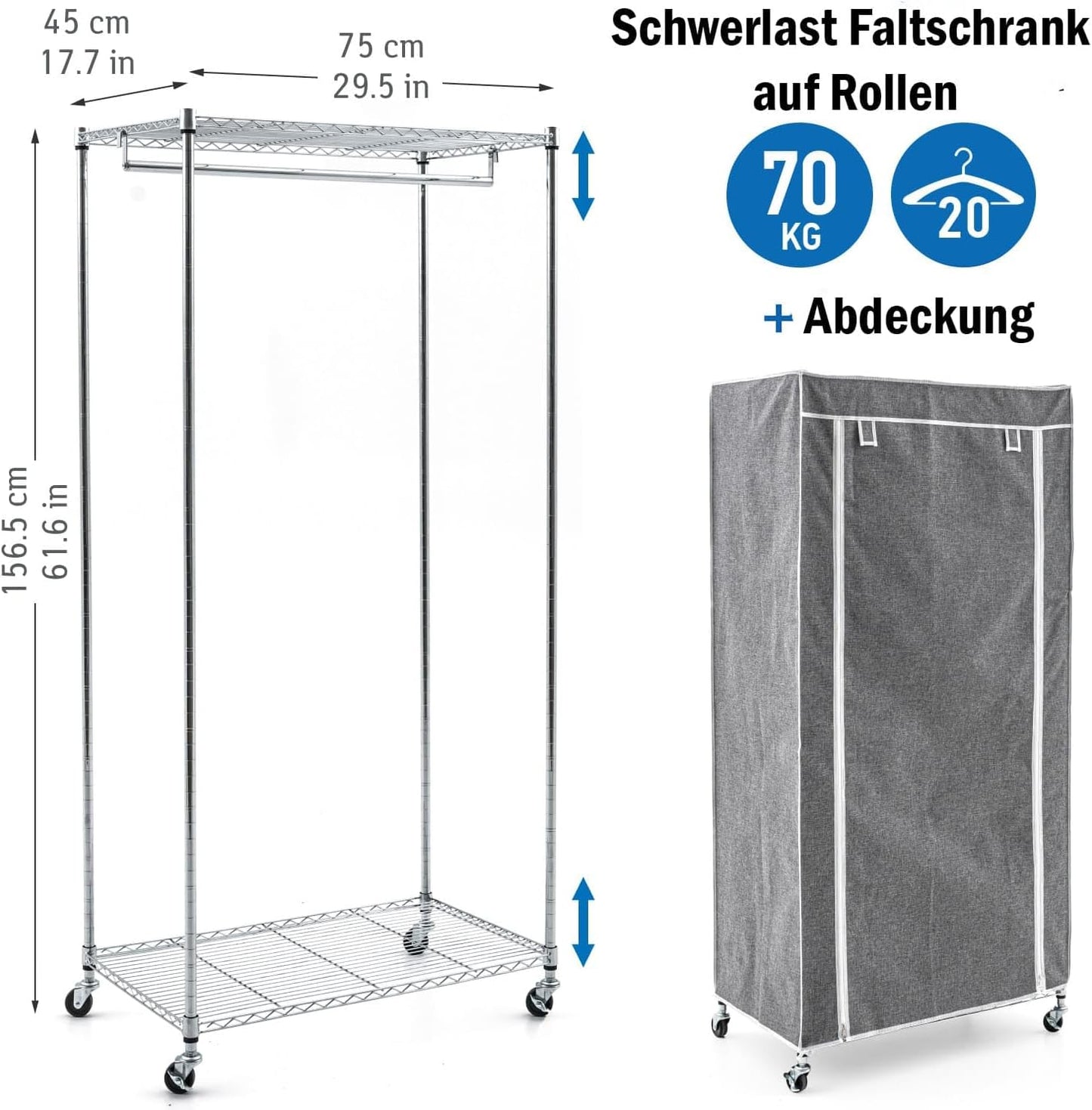 Stoffschrank Buffalo mit Rollen und Ablage, Grau