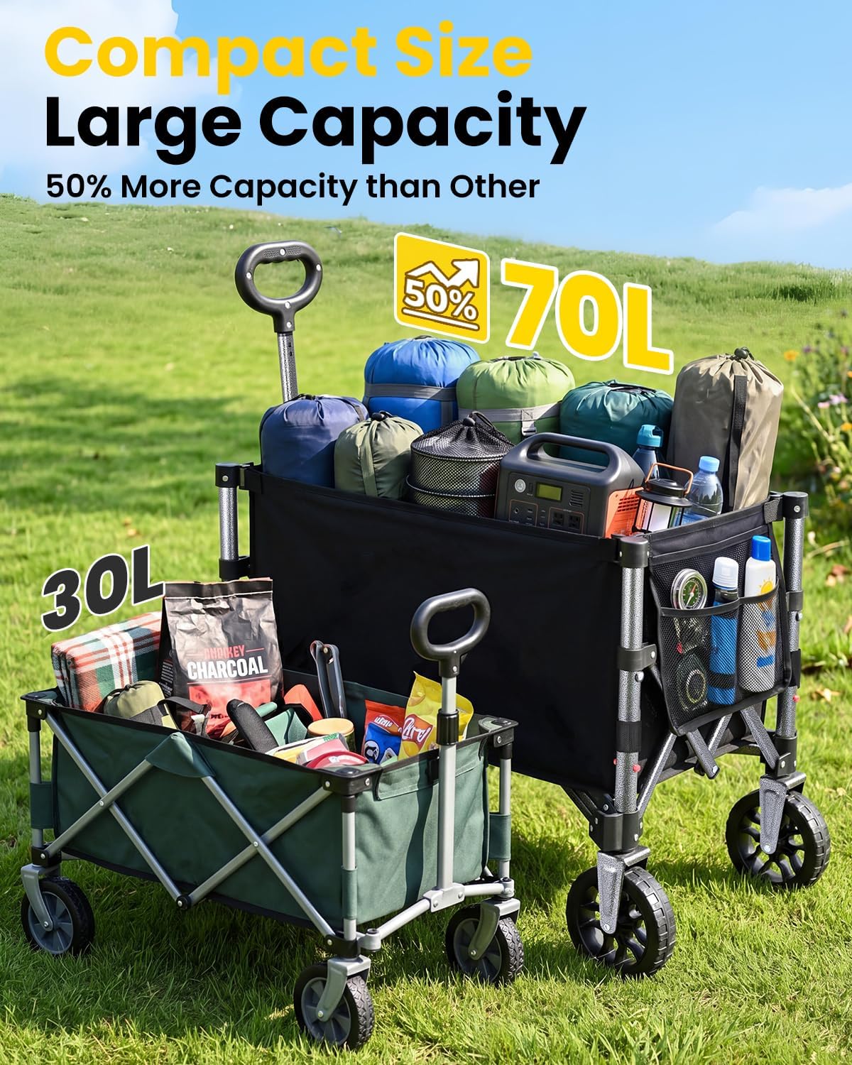 Faltbarer Bollerwagen mit verstellbarem Griff 70L, Tiefschwarz 70L