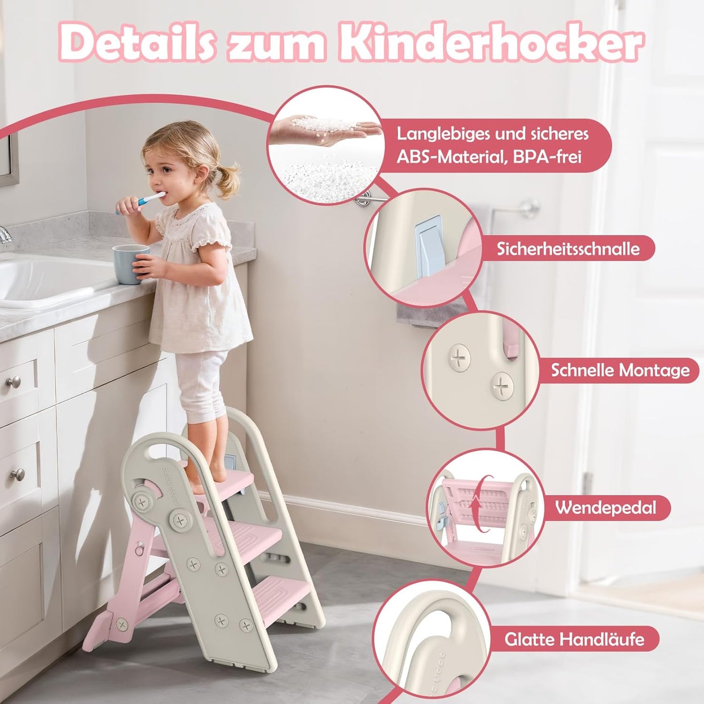 Höhenverstellbarer Tritthocker für Kinder, klappbar, Rosa