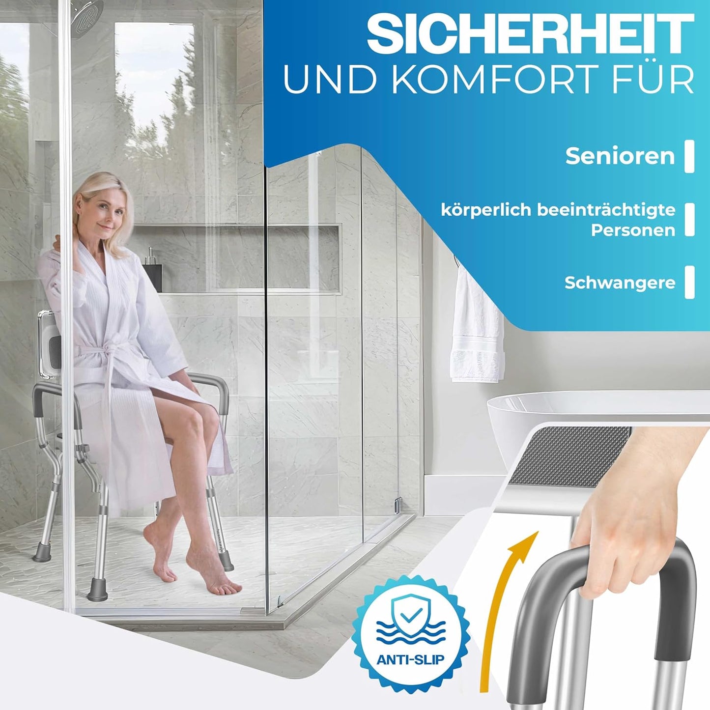 Duschhocker mit Lehne, Weiß / Grau