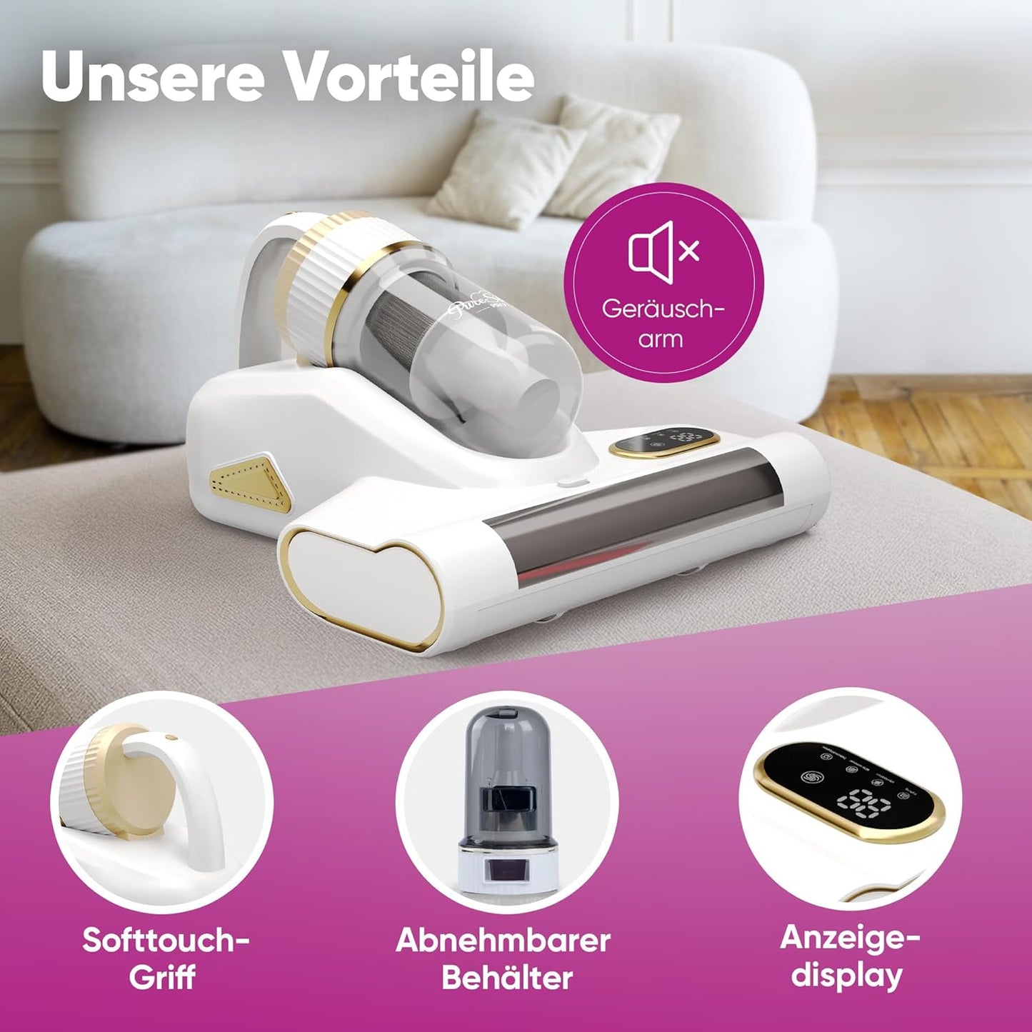 Kabelloser Milbensauger mit UV-Licht und Warmluft, Weisssd