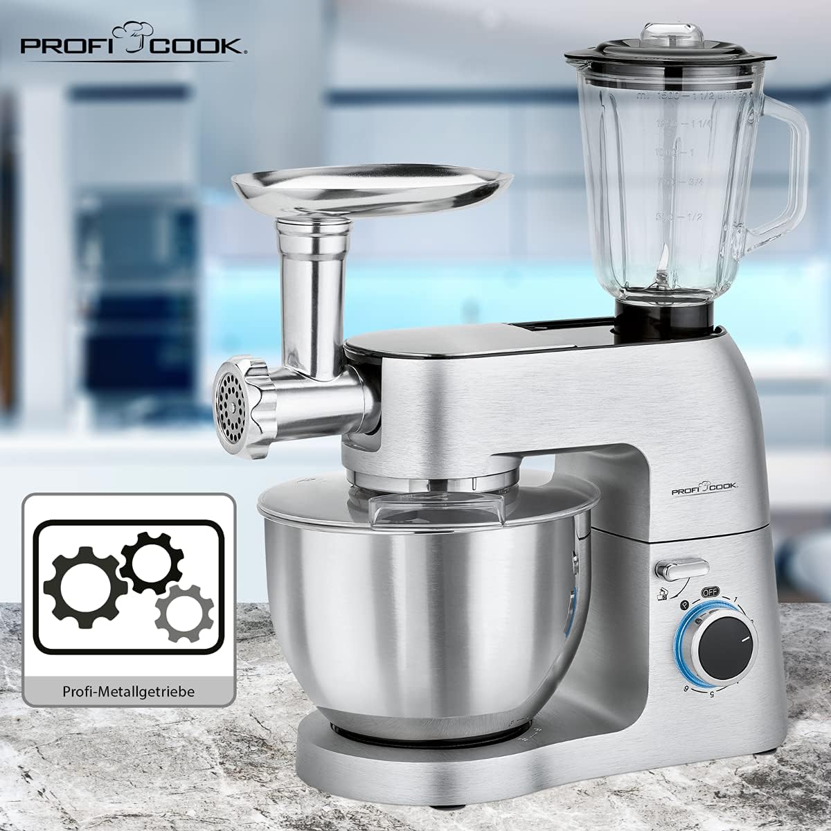 3in1 Knetmaschine mit Fleischwolf & Mixer, 6,7 Liter inkl. Felsichwolf & Mixer