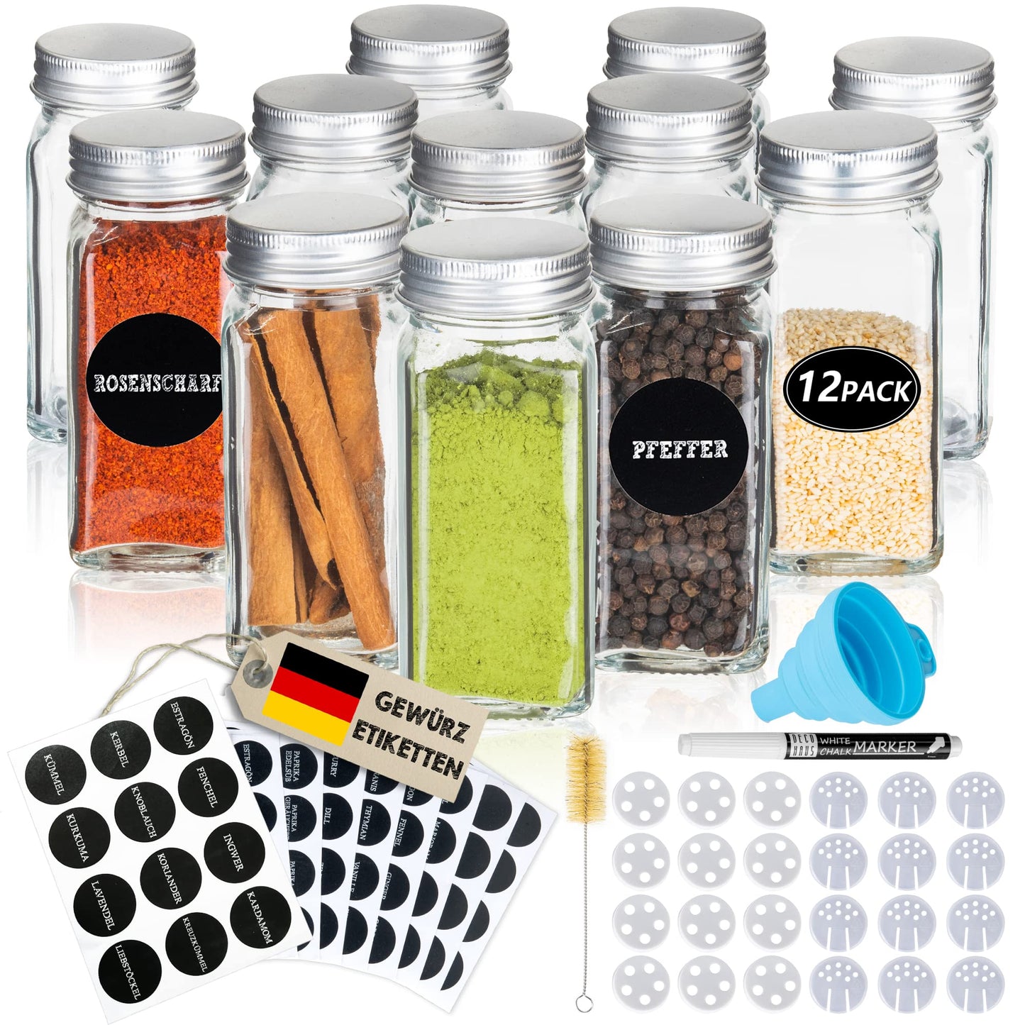 Gewürzgläser-Set mit Schraubkappe, 12 Set, Deckel Alu
