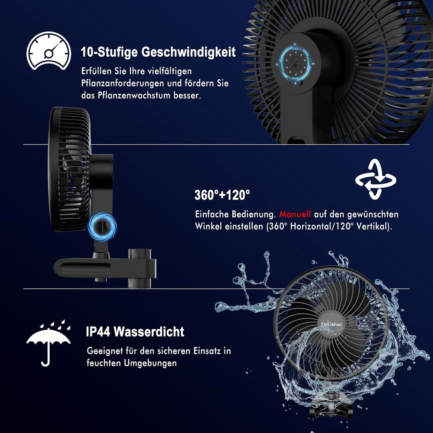 Grow Ventilator mit Clip, 10 Geschwindigkeitsstufen, Schwarz