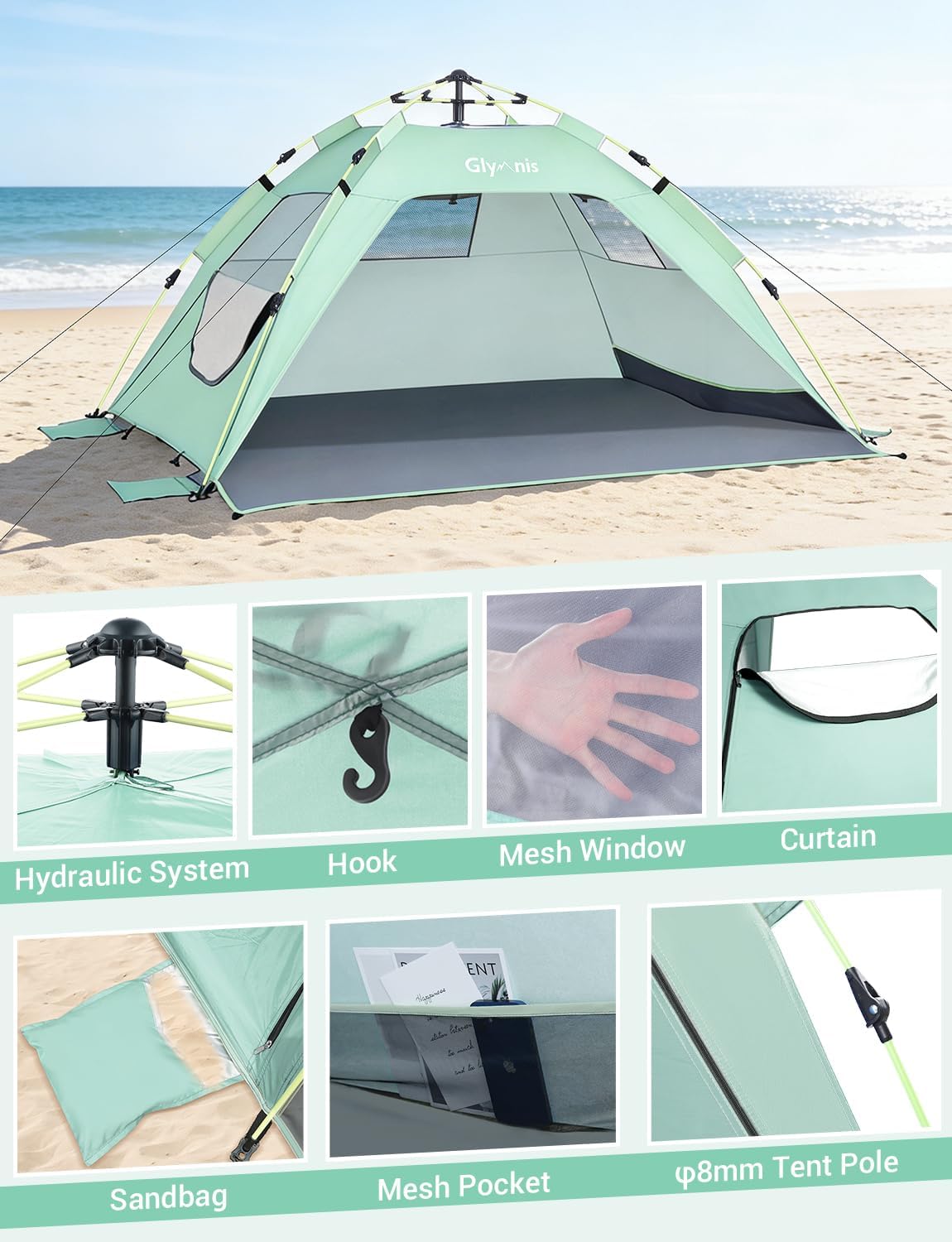 Strandmuschel Quick Up mit UV-Schutz und Windschutz, Grün