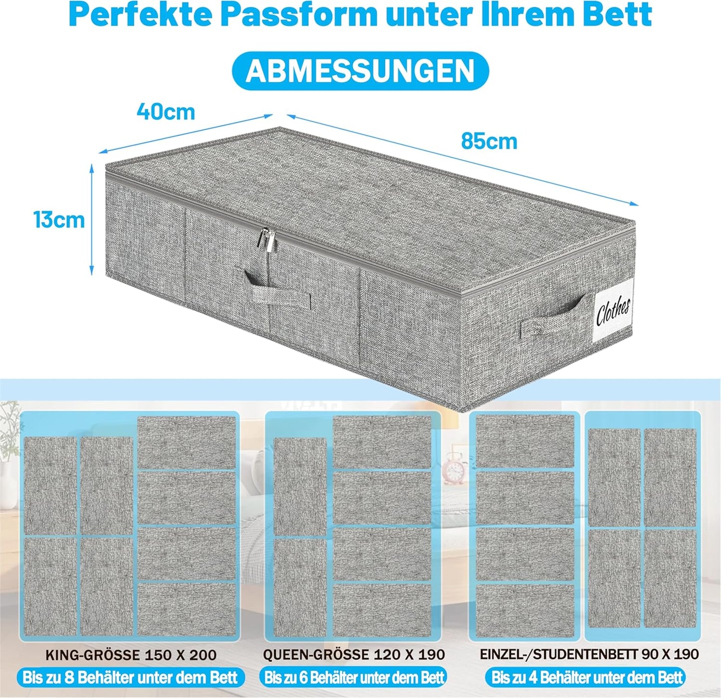 Unterbett Aufbewahrungsboxen-Set, Grau 13 cm - Mit Stützstruktur