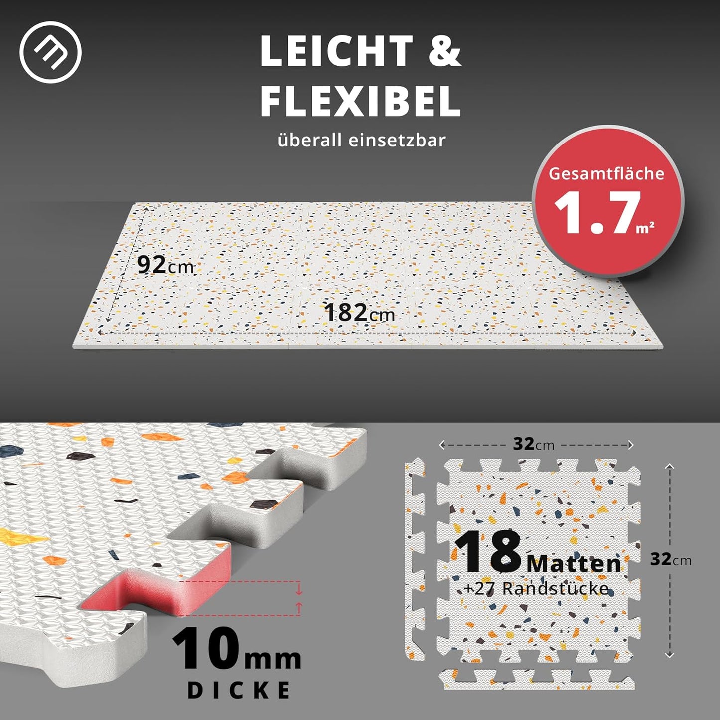 Bodenschutzmatten-Set für Sport & Fitness (18 Stück), Terrazzo | 18 Matten | 1,67 M² ; 32L x 32B x 1D cm