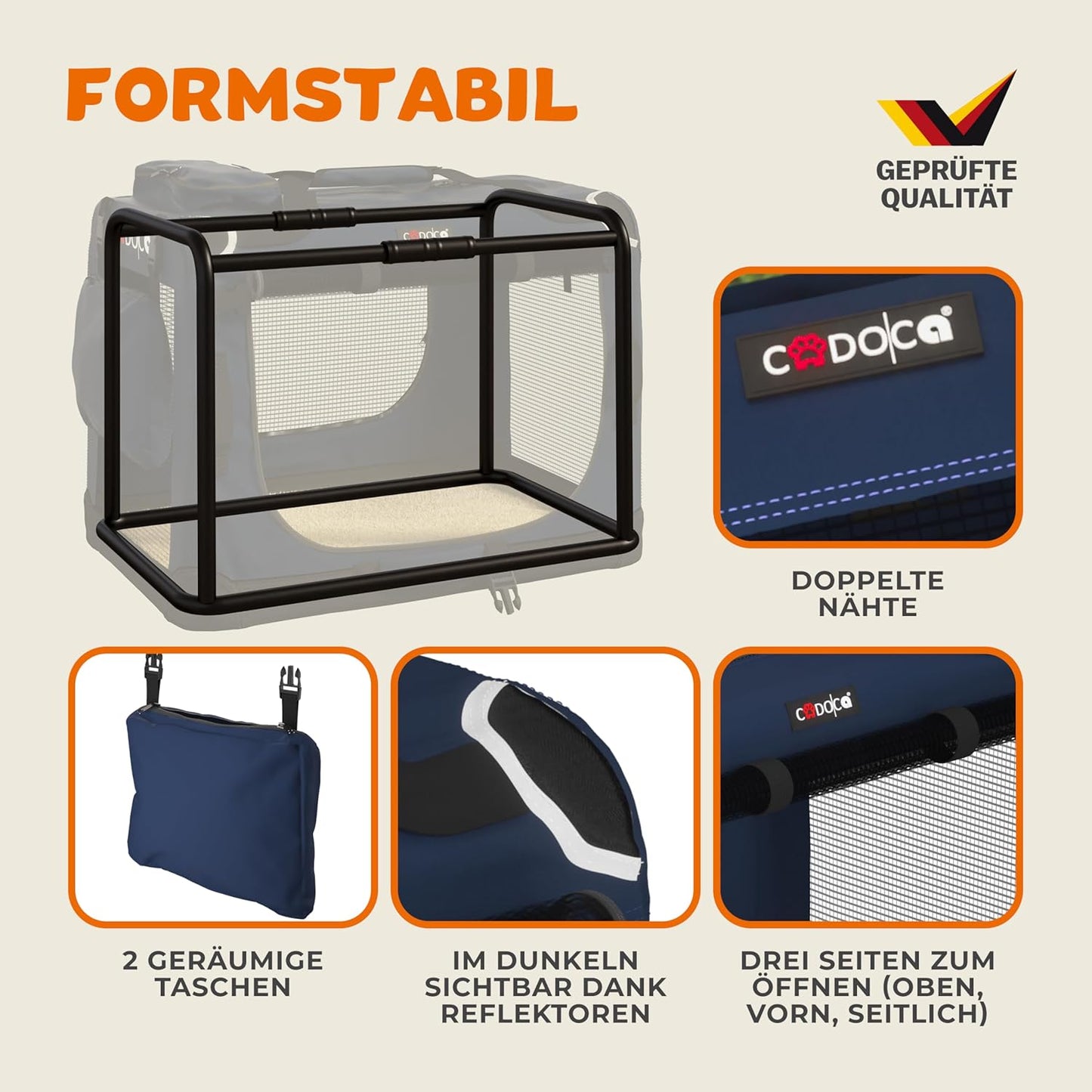 Faltbare Hundetransportbox XXXL mit Tragegriff extra Tasche und Autogurtlasche, L 101 x B 70 x H 70 cm Navy Blau