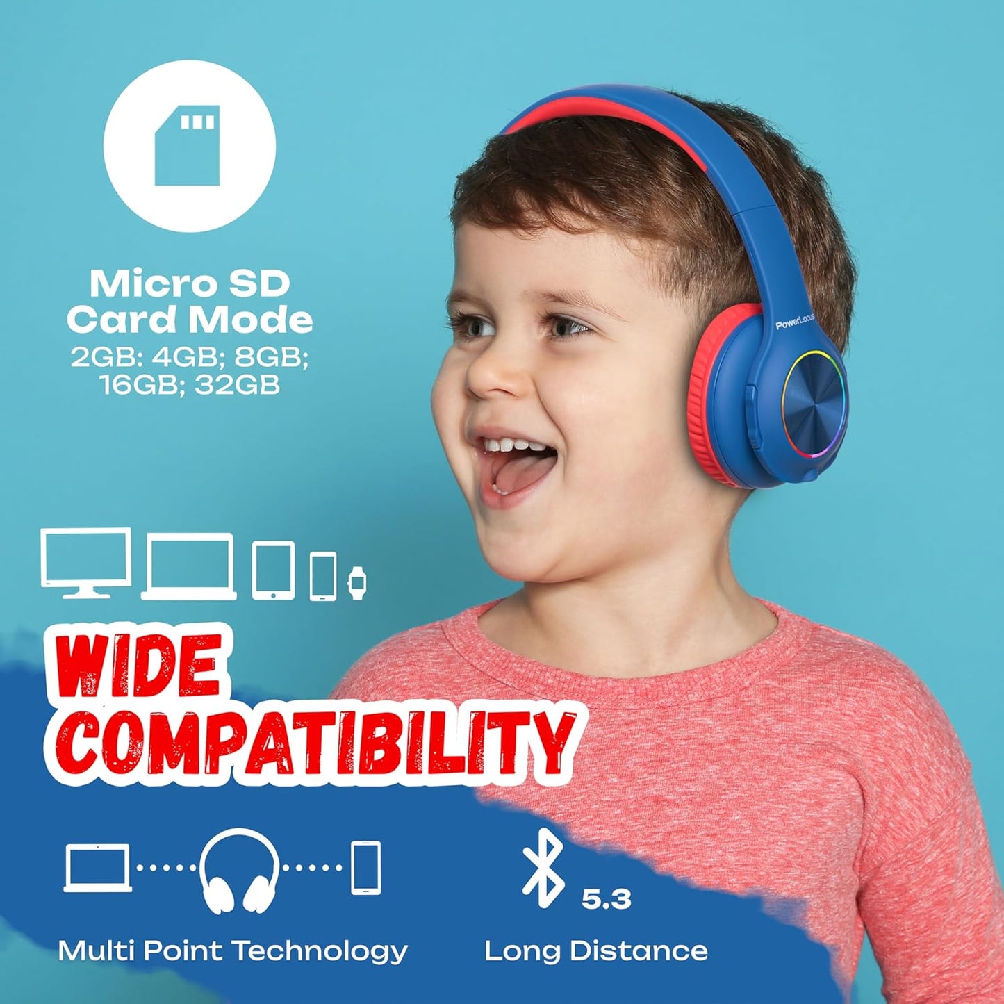 Kinderkopfhörer Bluetooth mit LED, Blau/Rot