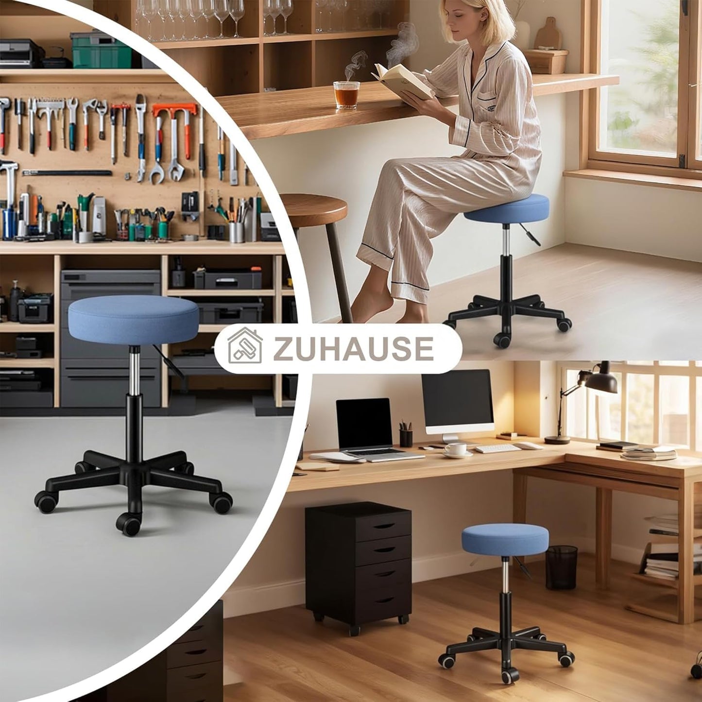 Höhenverstellbarer Rollhocker mit Gummirollen, 360° drehbar, Nordisches Blau