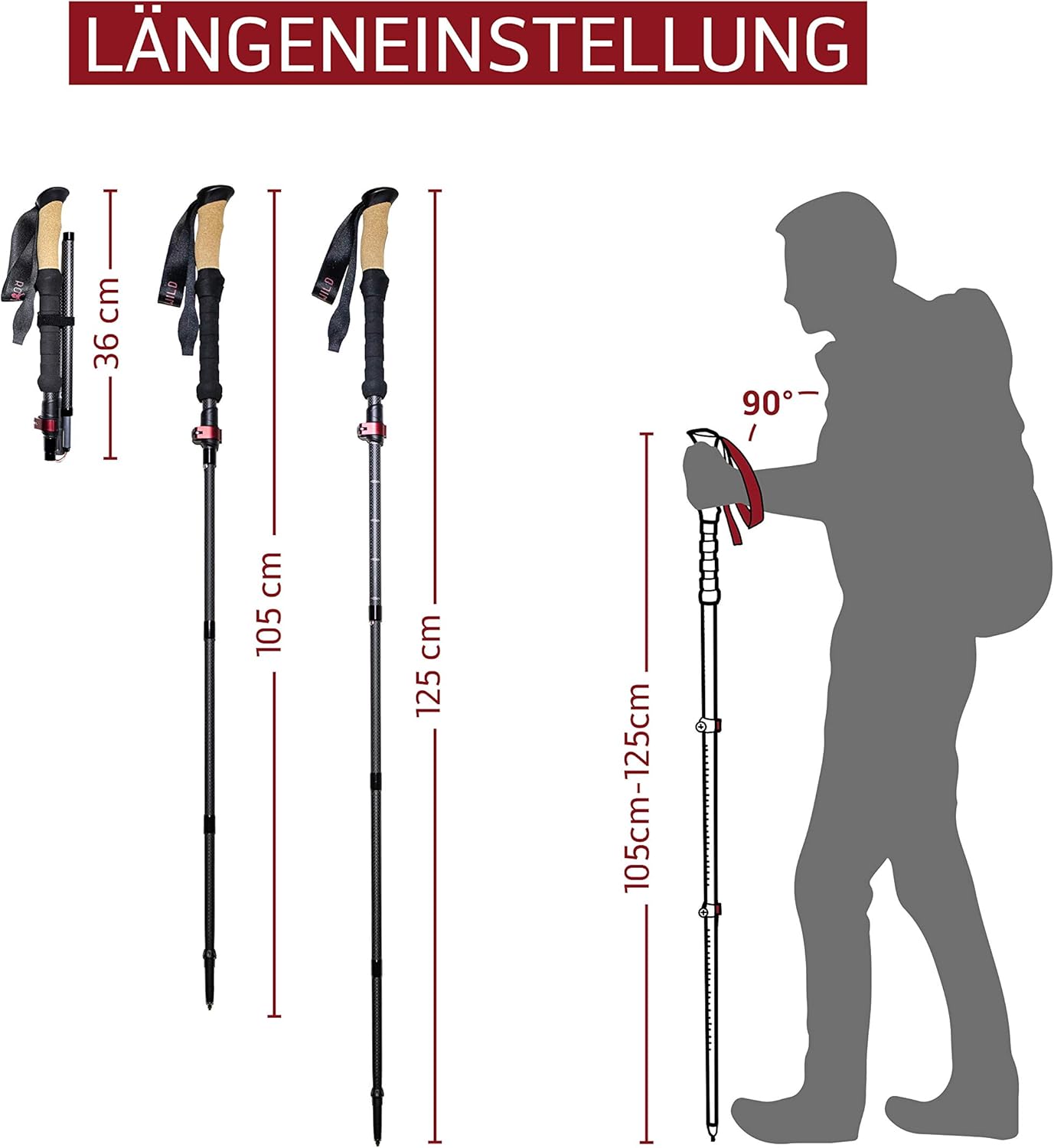Faltbare Wanderstöcke, Carbon faltbar 105-125cm