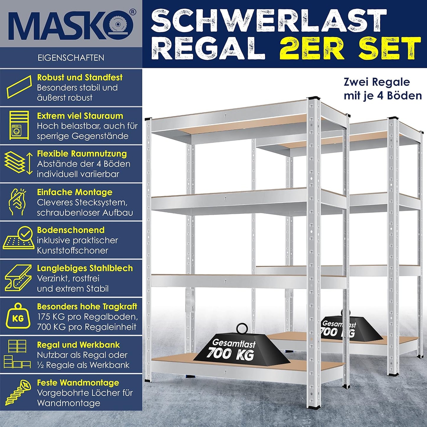 2er-Set Schwerlastregal für Keller und Werkstatt, 2x 160x80x40cm 4-Böden 2x Silber 700kg
