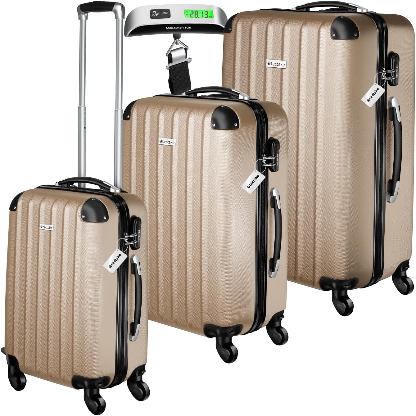 3-teiliges Kofferset mit Kofferwaage und Kofferanhänger, Champagner|Set mit Waage