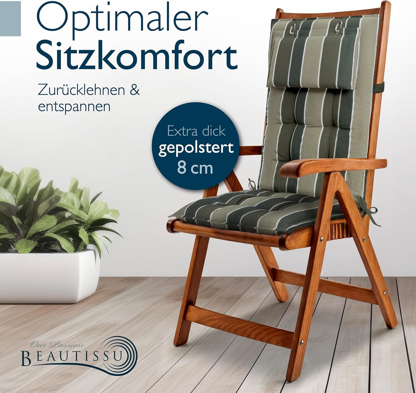 Hochlehner-Auflagen-Set, 8 Stück, 8 Auflagen Grün Gestreift