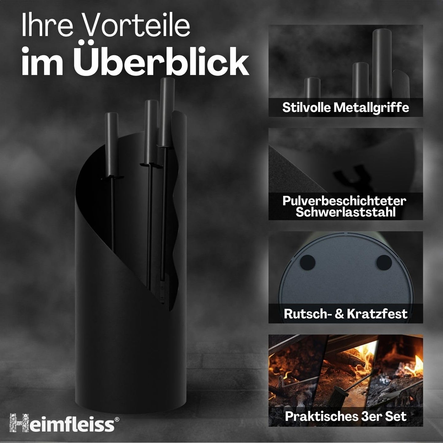 Modernes Kaminbesteck-Set, Schwarz mit Schwarzen Griffen