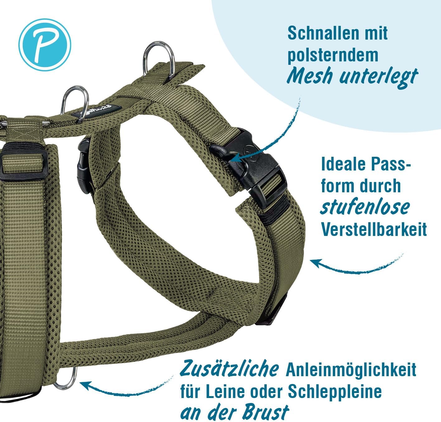 Gepolstertes Y-Comfort Hundegeschirr, Olive S