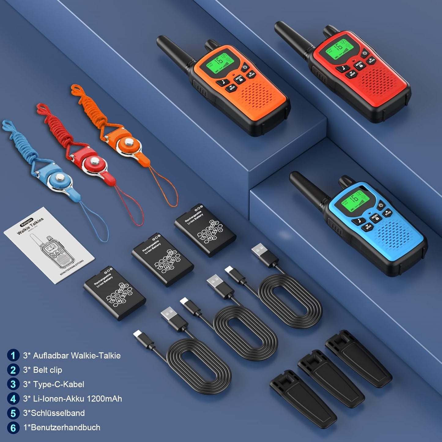 Walkie Talkie Set für Kinder, 3er Set Rot+Blau+Orange