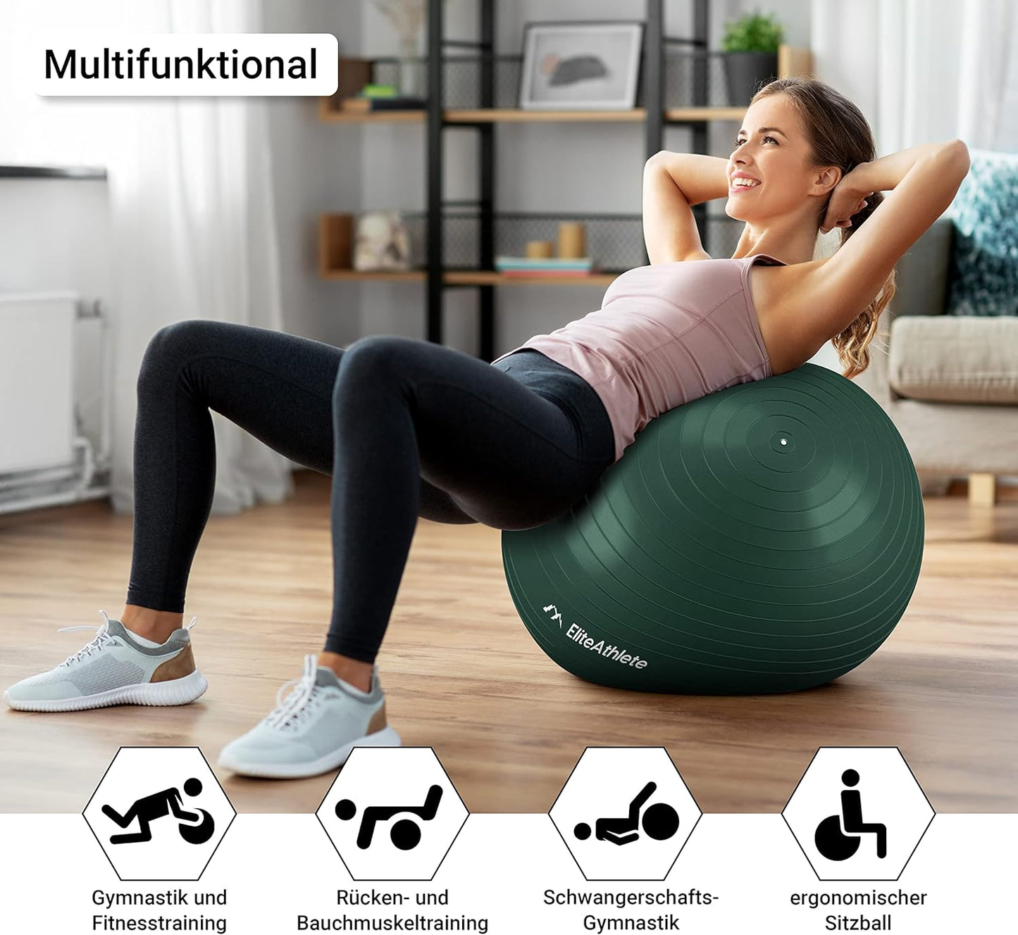 Ergonomischer Gymnastikball für Fitness und Schwangerschaft, Deep Forest 65cm