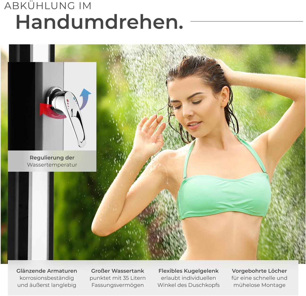 Solardusche mit Regenduschkopf (35 Liter) für Garten, Schwarz-Silber | 35 L