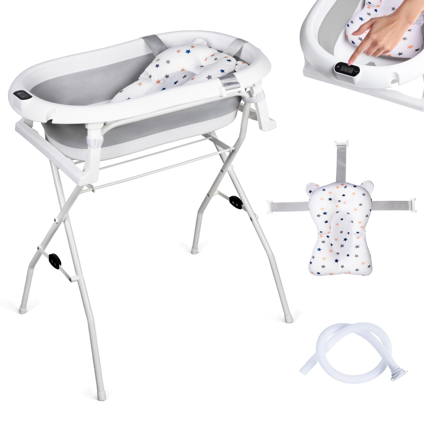 Faltbare Babybadewanne mit Gestell und Thermometer, Grau 84,5cm Höhe - mit Ständer