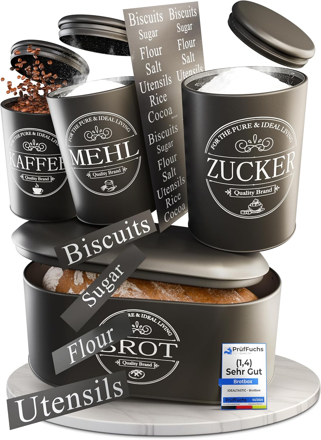 Brotkasten und Vorratsdosen-Set für Kaffee, Mehl und Zucker, Brot, Kaffee, Zucker, Mehl Set